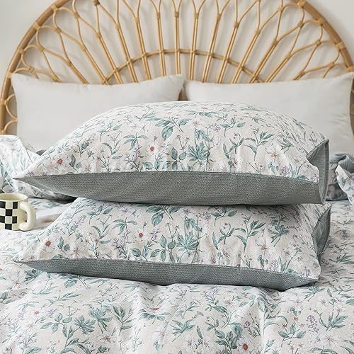Miniatura 5 de HoneiLife Juego de funda de edredón floral 100% algodón, 3 piezas, suave, ropa de cama botánica con cierre de cremallera y lazos en las esquinas,