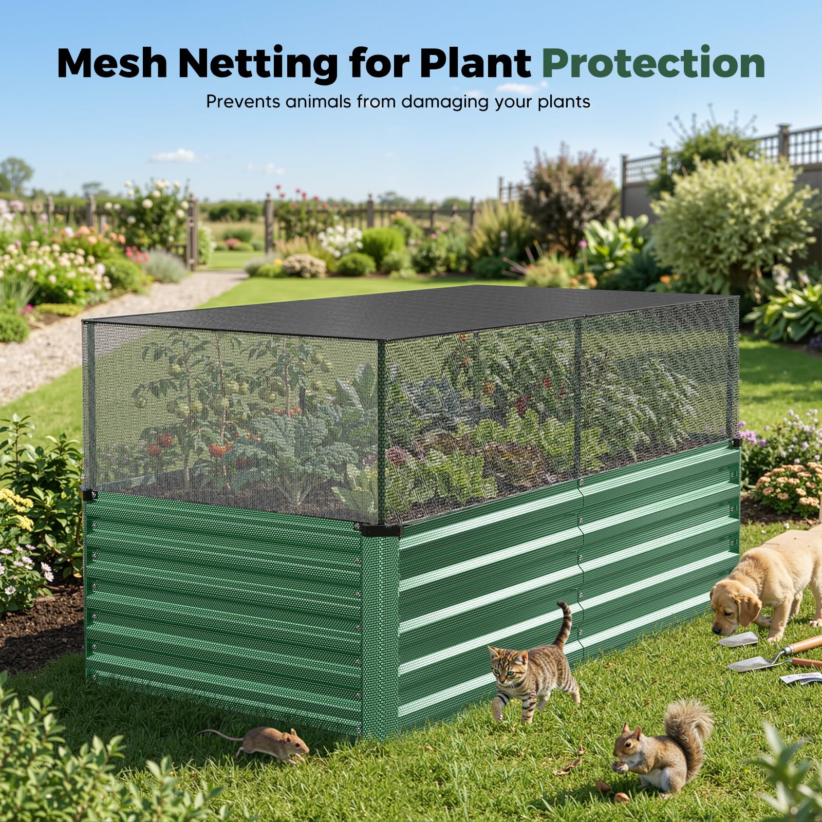 Bancal de metal para plantas, 240 x 120 x 60 cm, juego de jardinera alta para exteriores con barras de apoyo, tejido de sombra y red de protección; caja abierta de acero galvanizado para verduras