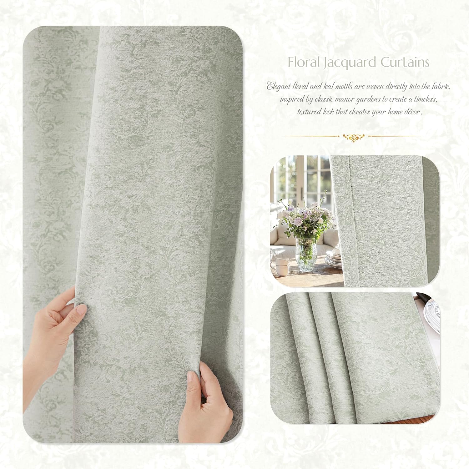 Green Floral Jacquard Blackout Curtains 84 Inches Long for Living Room Bedroom Chenille Flower Room Darkening Thermal Insulated Soundproof Grommet Window Treatments Drapes 2 Panels