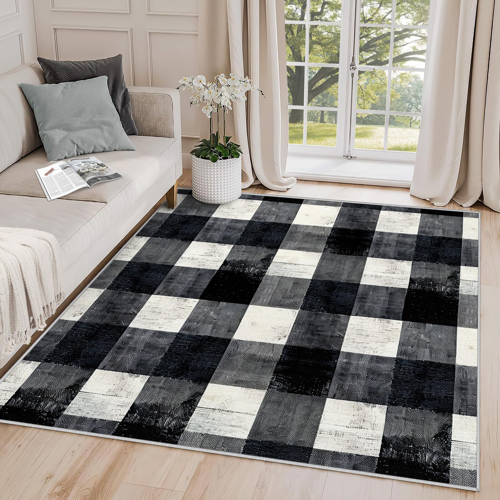 Yoozitrees 5x6 Rug, Buffalo Check Rug Washable Non Slip Soft for Living Room Bedroom, Black and White Buffalo Plaid Area Rug, Rustic Checkered Carpet,