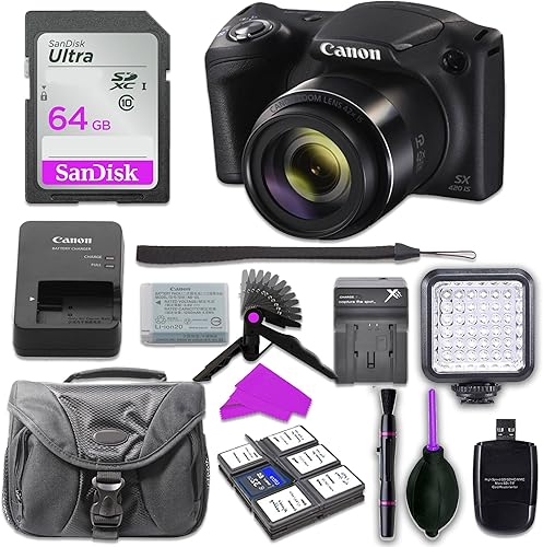 Canon PowerShot SX420IS (Negro) con 42x zoom óptico y Wi-Fi integrado con 64GB SD Memory Card + Mini trípode estable y Grip + LED Luz de vídeo