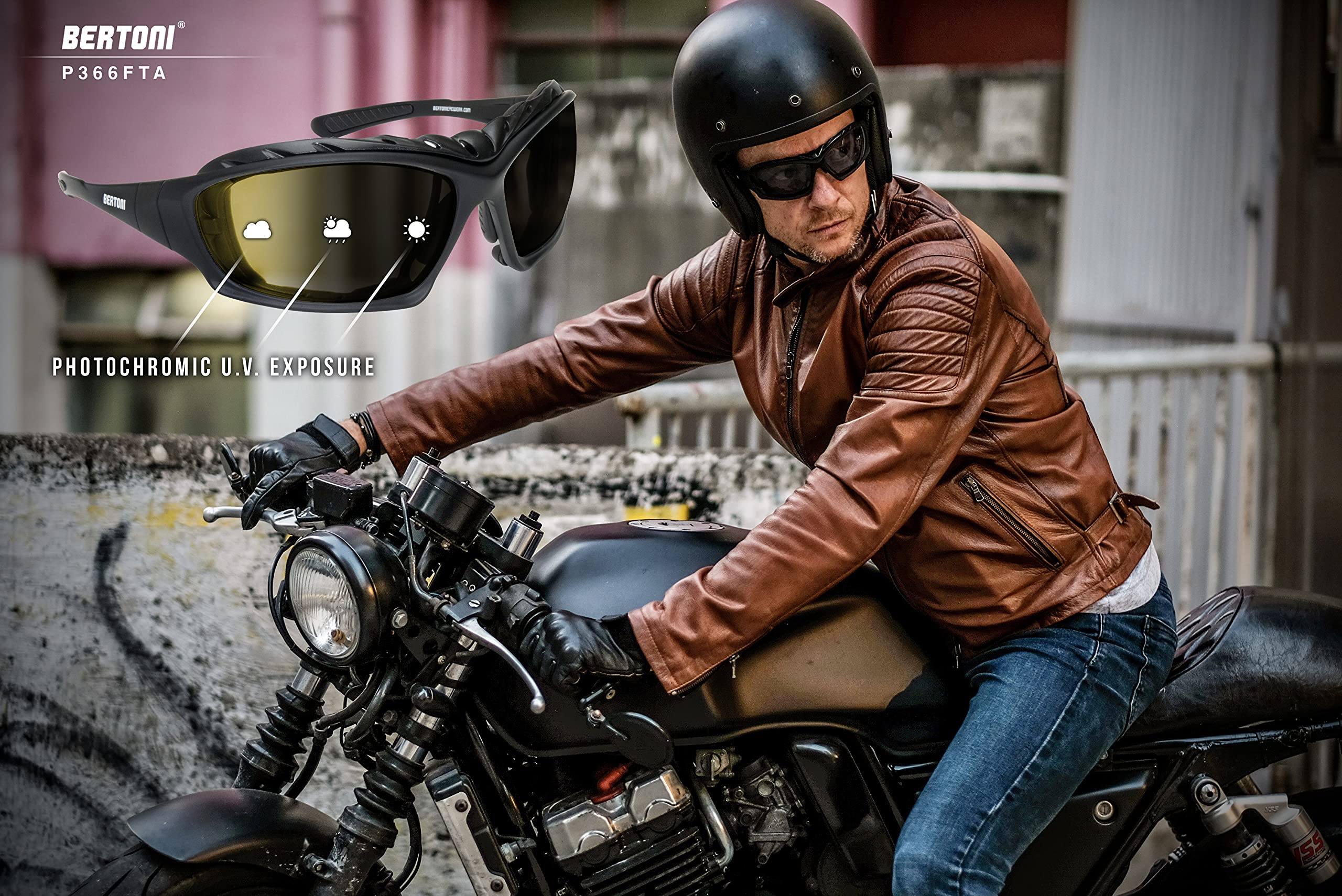 BERTONI Gafas Moto Fotocromaticas Polarizadas con Clip Óptico Para Lentes Correctivas y Patillas Sustituibles con Banda Elastica Mod. 366