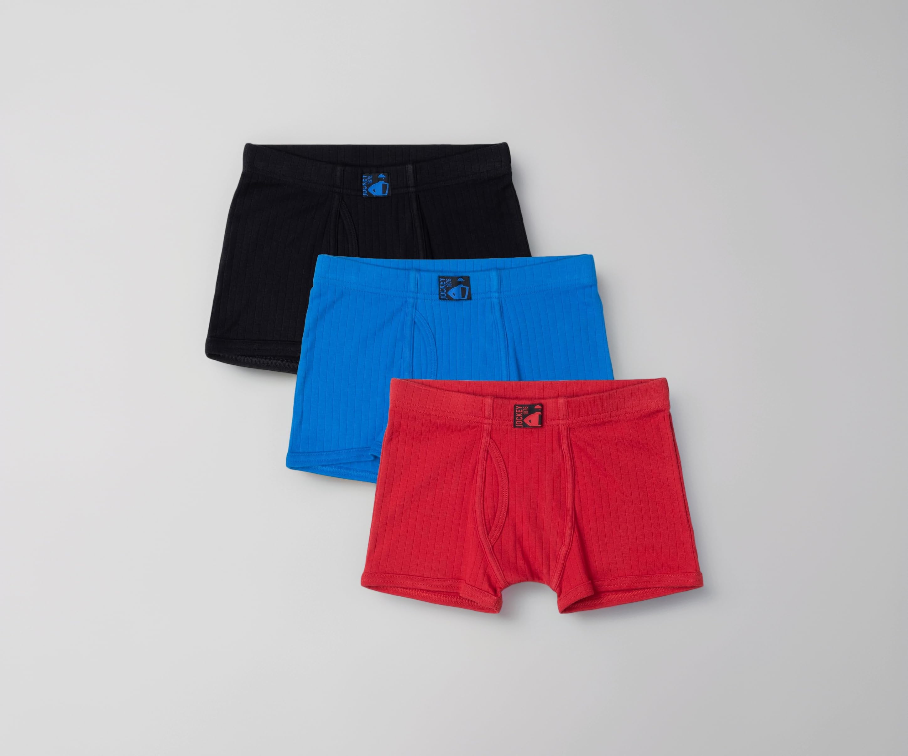 Jockey 3036 Boys Super Combed Cotton Rib Fabric Solid Trunk with Front Open Fly and Ultrasoft Waistband_(Pack of 3, Colors & Prints May Vary)