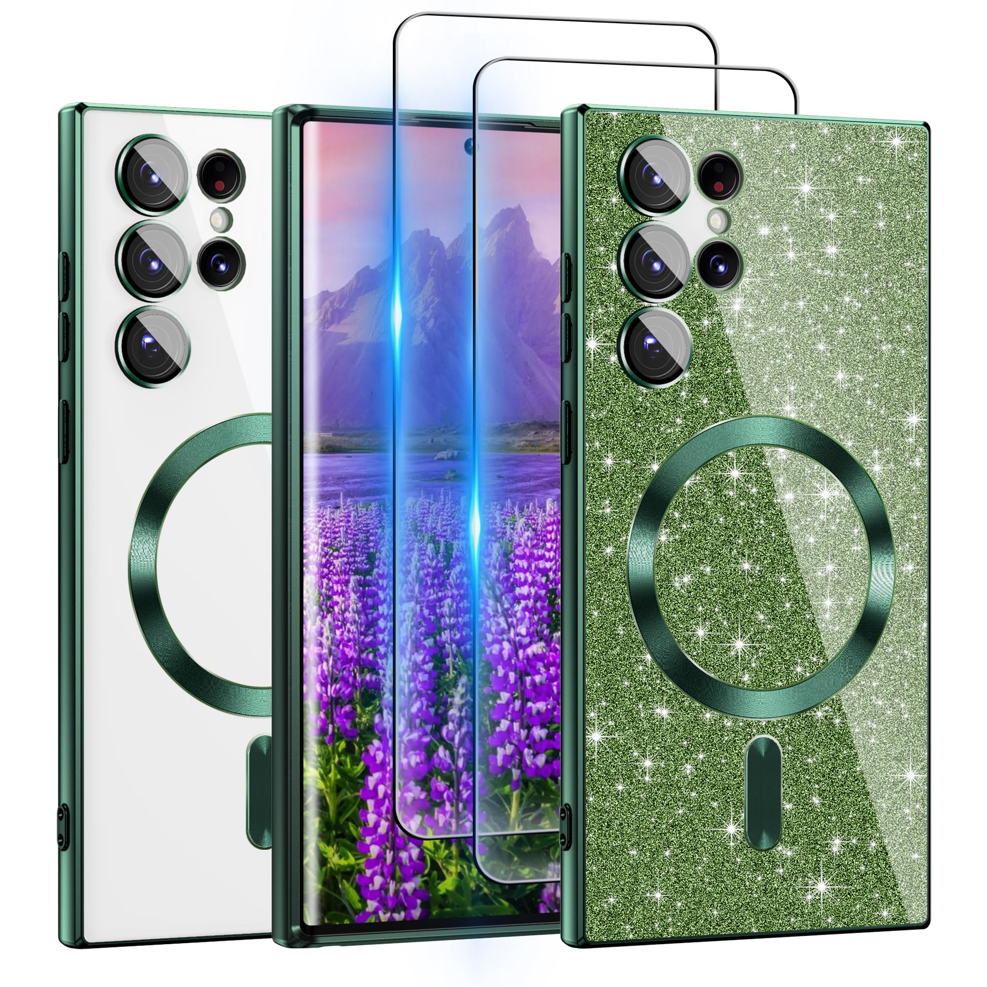 Crystal ClearHülle für Samsung Galaxy S22 Ultra:Kompatibel mit MagSafe,mit Passfarbiger Glitzerkarte & 2STKSchutzfolien,Kamera-Schutz,Anti-Gelblichemachung TPU,Schutz nach Militärstandard,Klingelgrün
