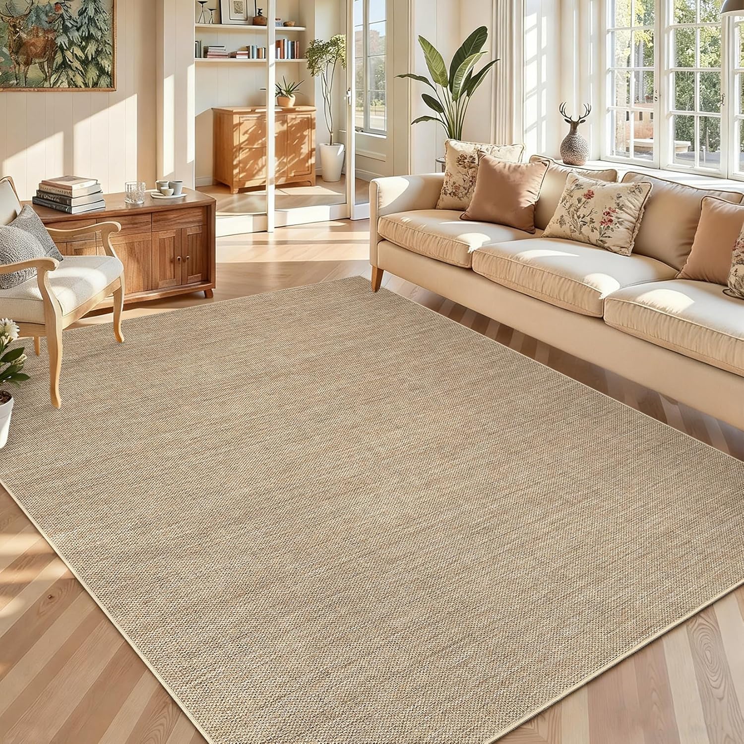 Easy Jute Rug 8x10 Washable Indoor Outdoor Rugs Non Slip Stain Resistant Modern Neutral Patio Throw Carpets Solid Tan Contemporary Area Rugs for Porch Kitchen Bedroom Living Room Backyard, Tan