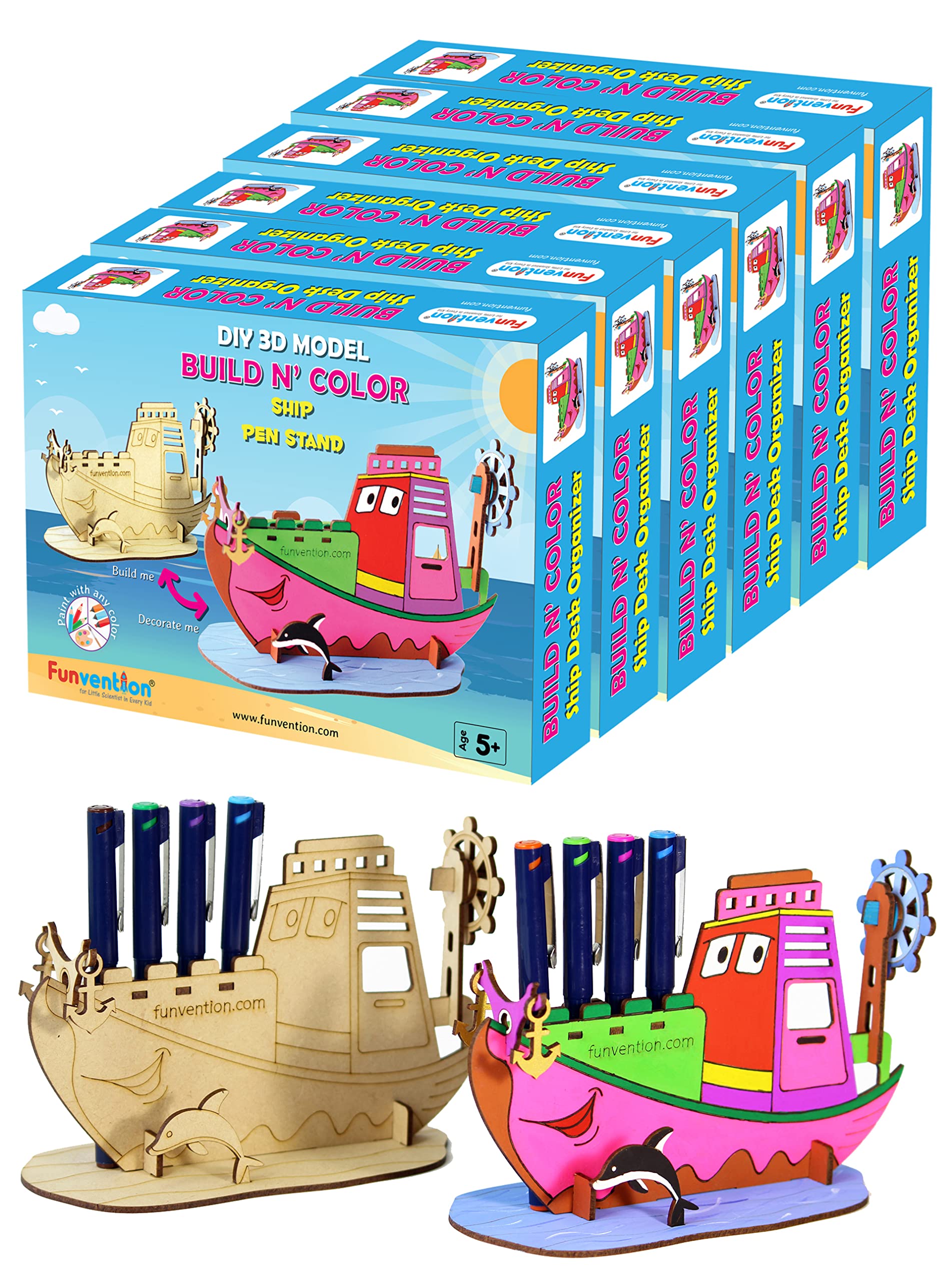 Funvention Ship - 3D Coloring Model (Pack of 6) - DIY Desk Organizer Pen Stand - STEM Leanring 3D Puzzle Toy - Art, Coloring and Painting Kit for Kids - Birthday Return Gift,DIY Party Pack for Kids (B07J55K7H8) Amazon Price History, Amazon Price Tracker