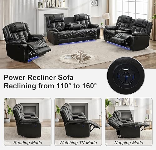 Miniatura 6 de Sofá reclinable eléctrico de 3 plazas con cargador inalámbrico, de piel sintética con luz LED, sofá reclinable eléctrico, asiento de cine en casa,
