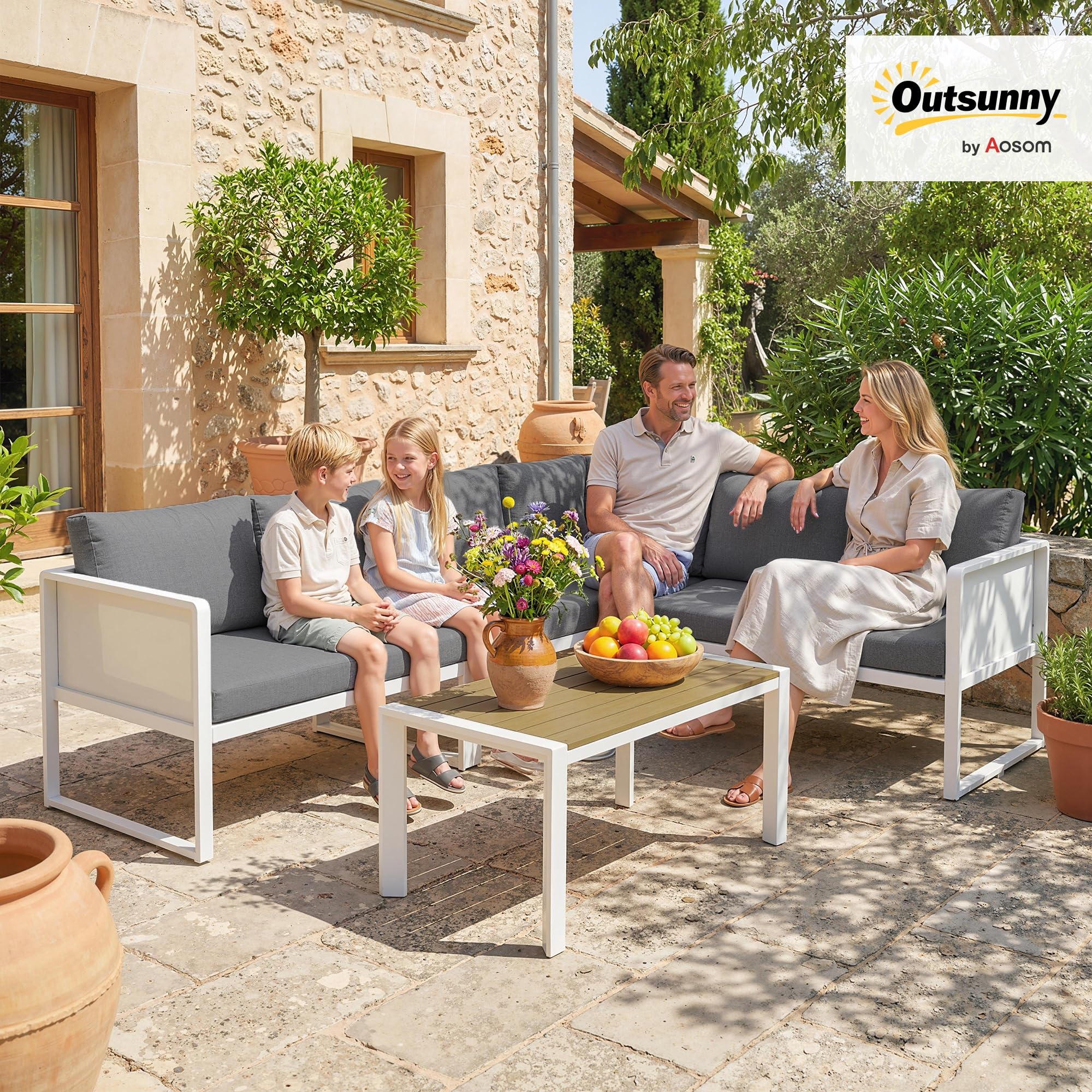 Outsunny Conjunto de Muebles Jardín Exterior de 4 Piezas Sofá Exterior Seccional Forma de L con 3 Sofás de 2 Plazas Asiento de Textilene Mesa con Tablero Efecto Madera WPC Cojines Gris Claro y Blanco