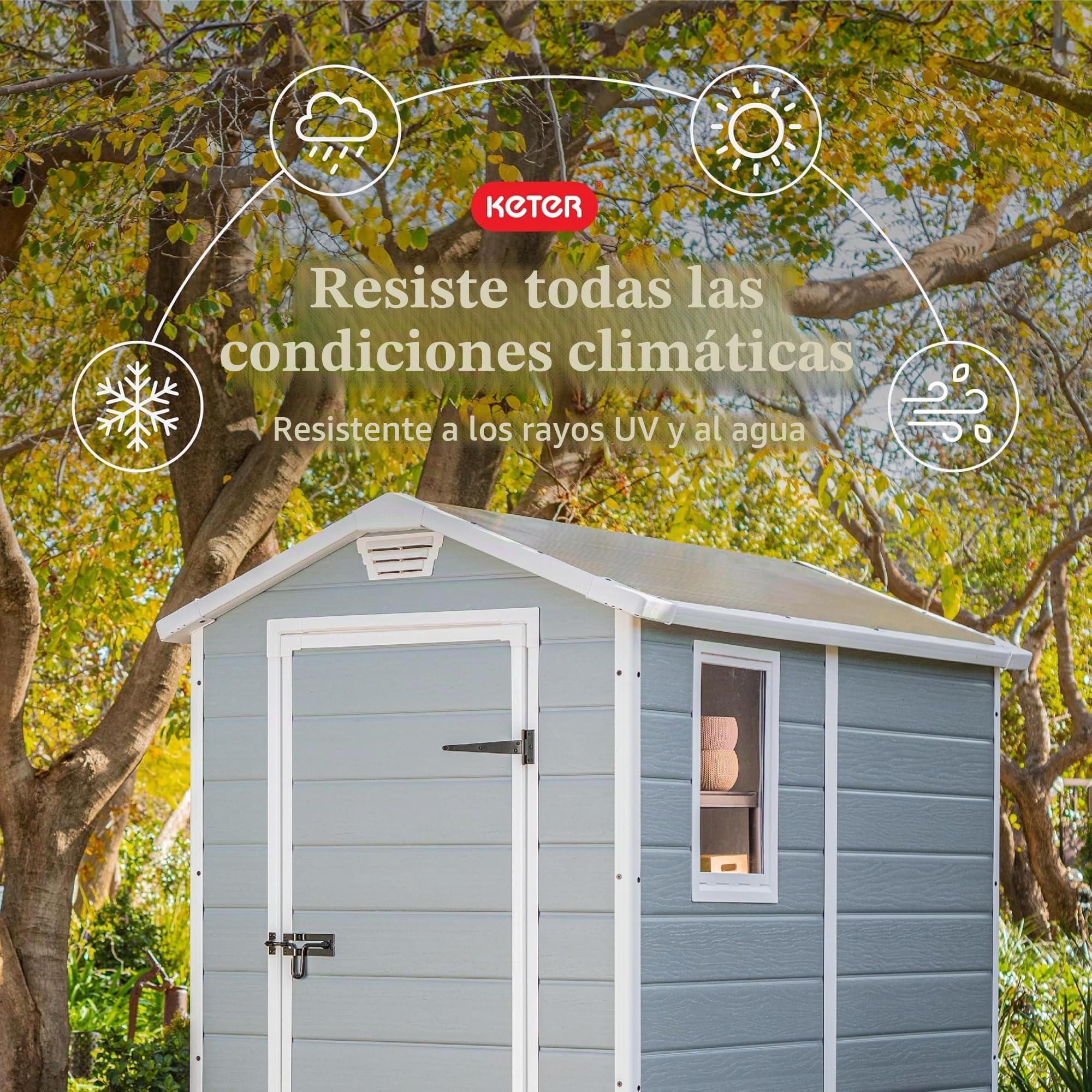 KETER Manor - Cobertizo de almacenamiento exterior, fabricado en resina, ideal para guardar muebles y herramientas de jardín, accesorios de bicicletas, sillas de playa, un cortacésped (gris y blanco, 1,22 x 1,83 m)
