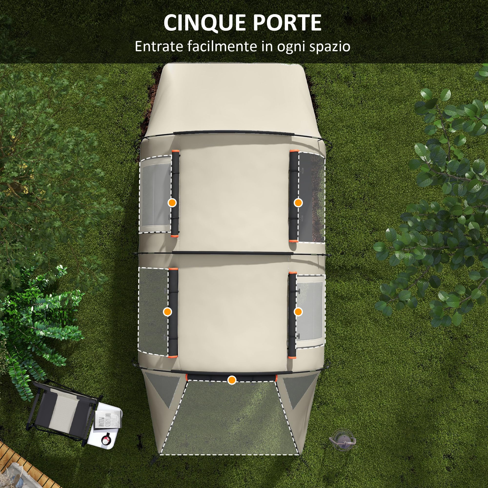 Outsunny Tenda Campeggio per 4-5 Persone con Copertura Impermeabile, Tenda a Tunnel Familiare con Borsa di Trasporto, Kaki