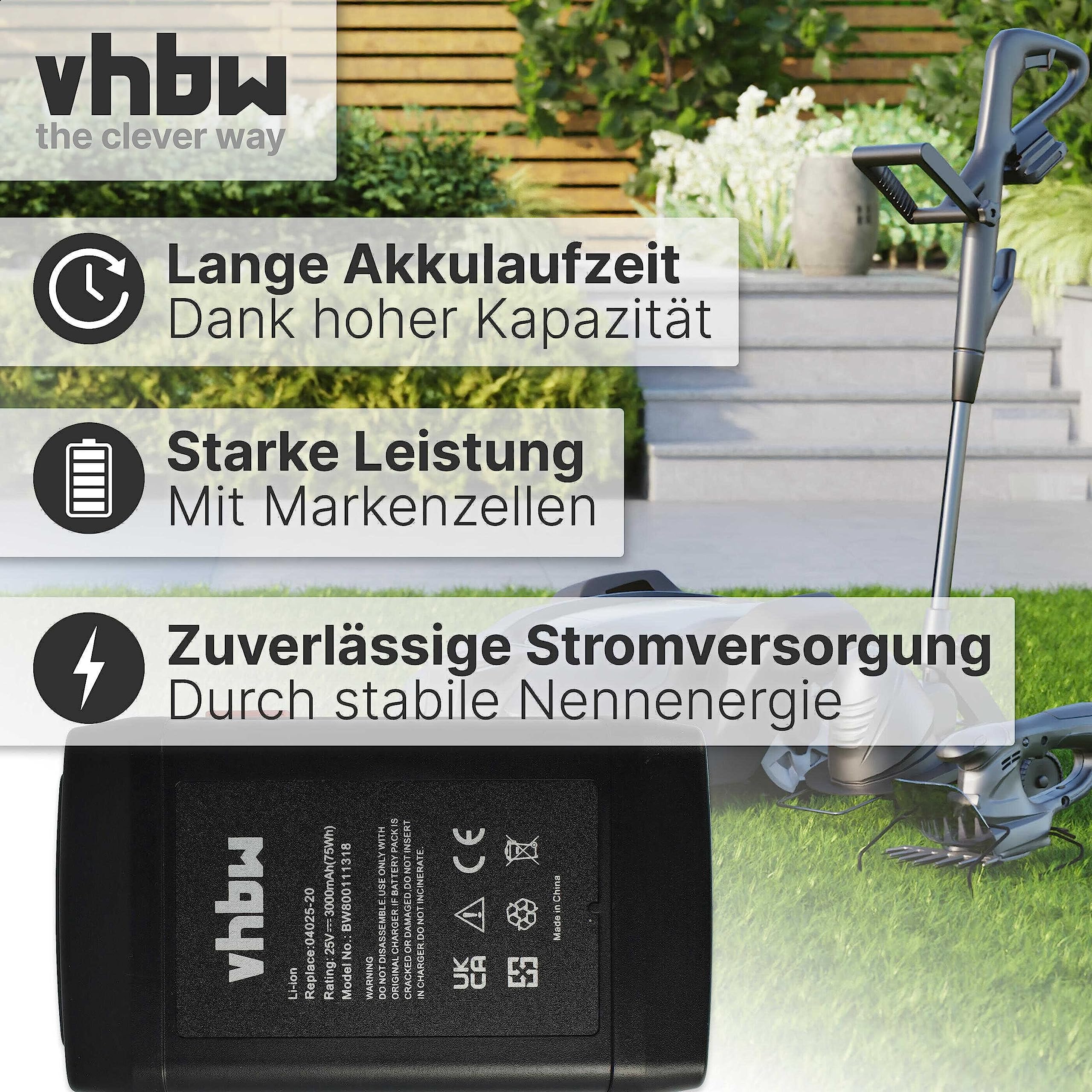 vhbw Batería reemplaza Gardena 8838, 8838-U, 8838U, 04025-20, 8838-20, 4025 para cortacésped 3000mAh 25V Li-Ion