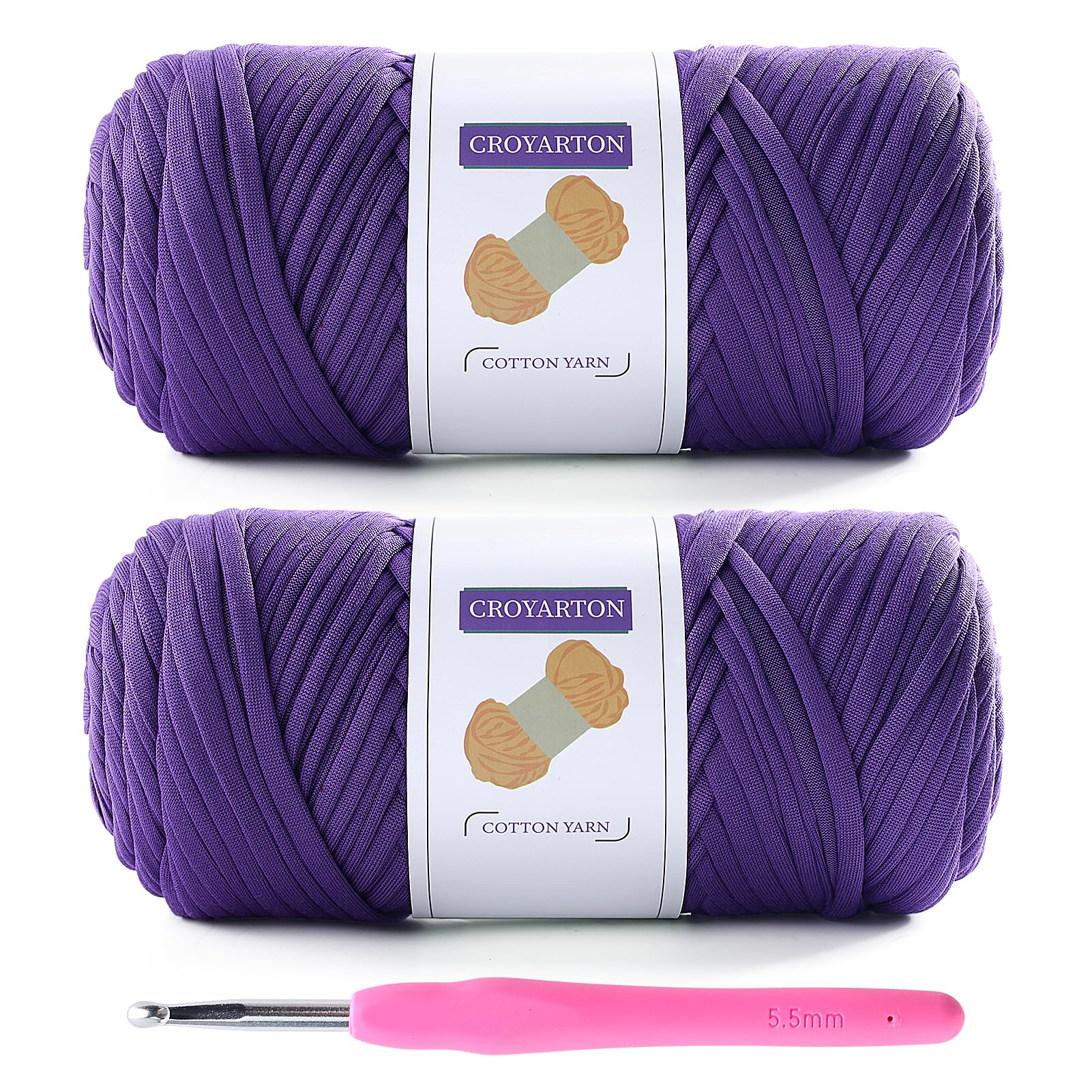 2 Pack T Shirt Yarn for Crocheting with 1 Crochet Hook, Elastic Tshirt Yarn for Crochet Bag/Baskets/Home Decor, Spaghetti Yarn Thick Knitting Yarn Total Length 130 Yds, Weight 14 Oz (Purple)