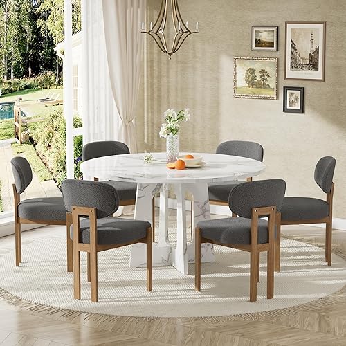 Miniatura 14 de Moderno juego de mesa de comedor de 5 piezas con 4 sillas, mesa de comedor redonda de madera de nogal MDF, sillas tapizadas de tela gris con patas