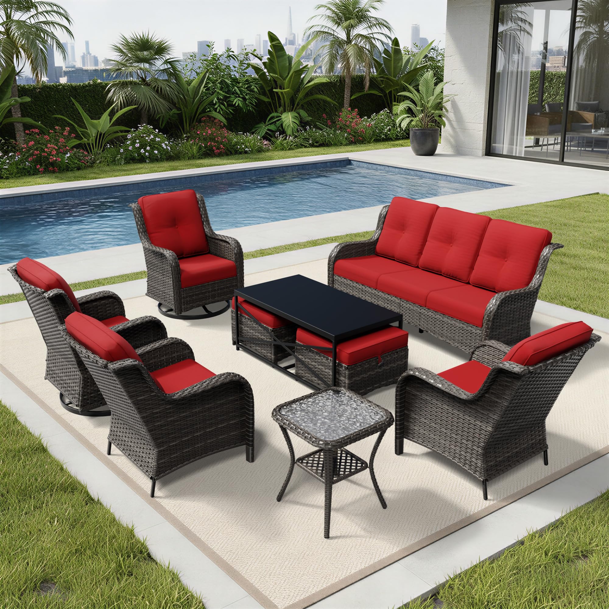 Joyside 9 Piece Wicker Patio Furniture Set, Outdoor Swivel Rocker Patio Chairs with High Back, Deep Seating, Wide Armrest, Thickened Cushions, Outdoor Furniture for Deck, Porch Use