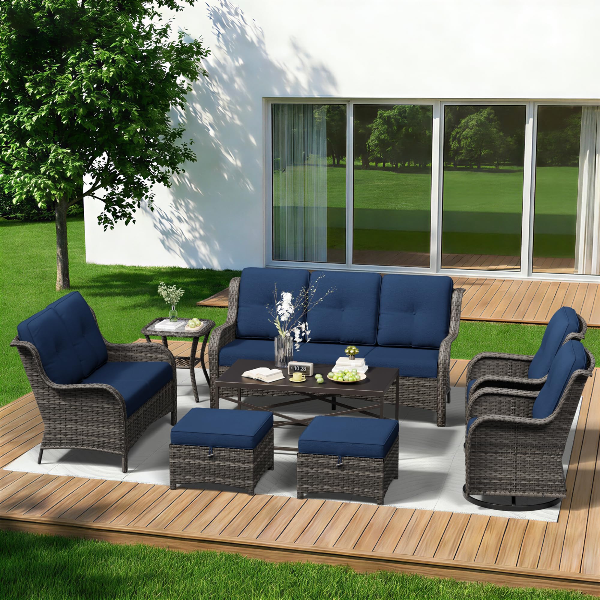 8 Piece Outdoor Wicker Patio Furniture Set, Outdoor Swivel Rocker Patio Chairs Set with Thickened Olefin Cushions, High Back and Deep Seating, Hand-Woven PE Rattan for Porch, Deck