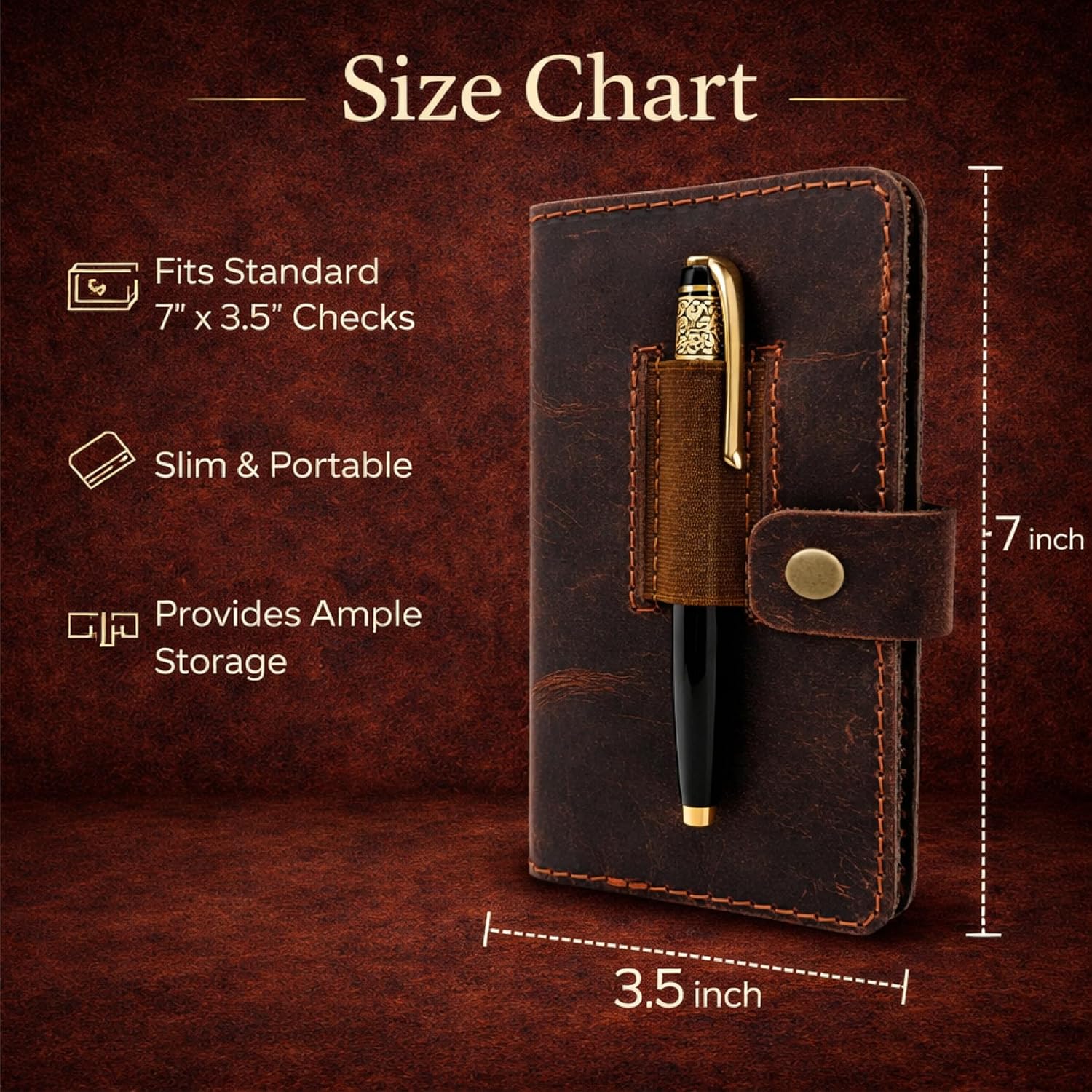 Leather Checkbook Cover with Pen Loop, Full Grain Check Book Holder Wallet for Personal & Duplicate Checks, Slim Money Organizer for Men & Women – Brown