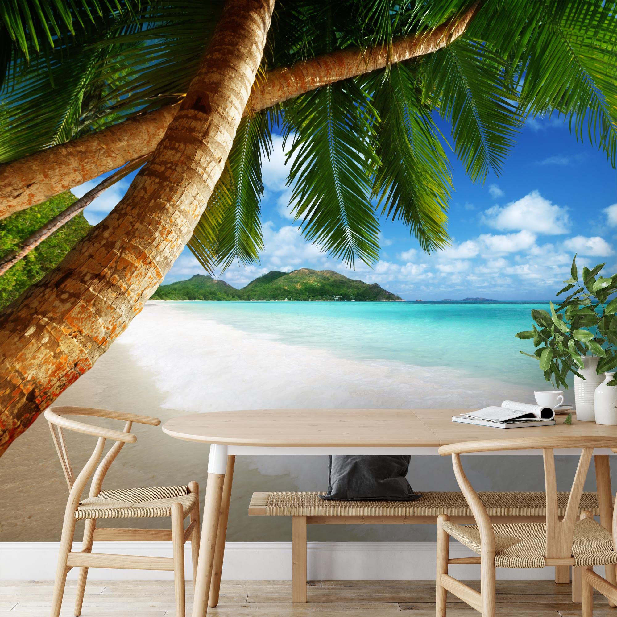 Runa Art Carta da parati fotografica 396 x 280 cm Spiaggia e mare palma | Vello Decorazione Murale Soggiorno Camera Da Letto | Manifattura tedesca | Verde blu 9004012b