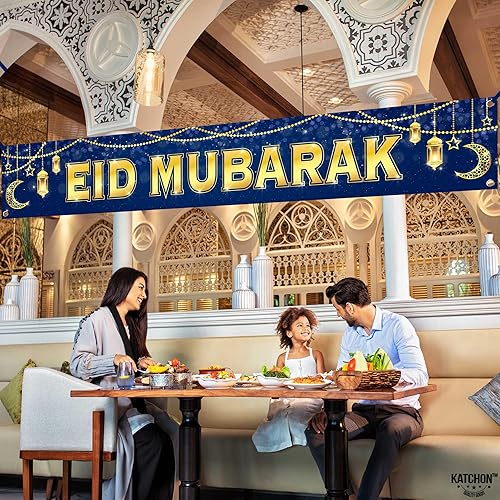 Miniatura 8 de KatchOn, Decoraciones de pancarta de Eid Mubarak, grande, 120 x 20 pulgadas, decoraciones Eid para el hogar 2024, letrero de Eid Mubarak, telón de