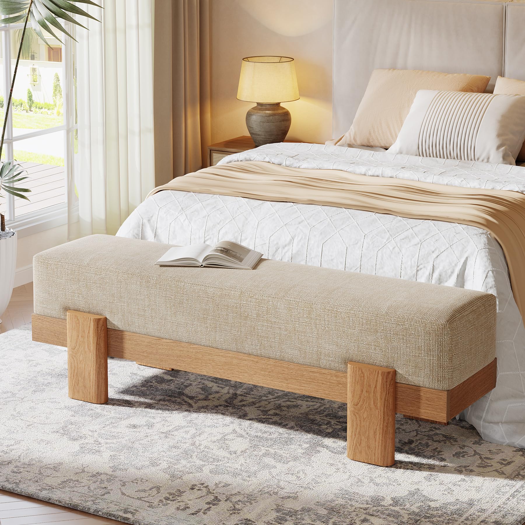 Tribesigns Banc Chaussures Entrée avec Tapissé, 140 x 35 x 45 cm, Moderne Banc à Chaussures avec Coussin épais Ultra-Moelleux et Structure en MDF, Bout de Lit pour Chambre à Coucher, Beige et Chêne