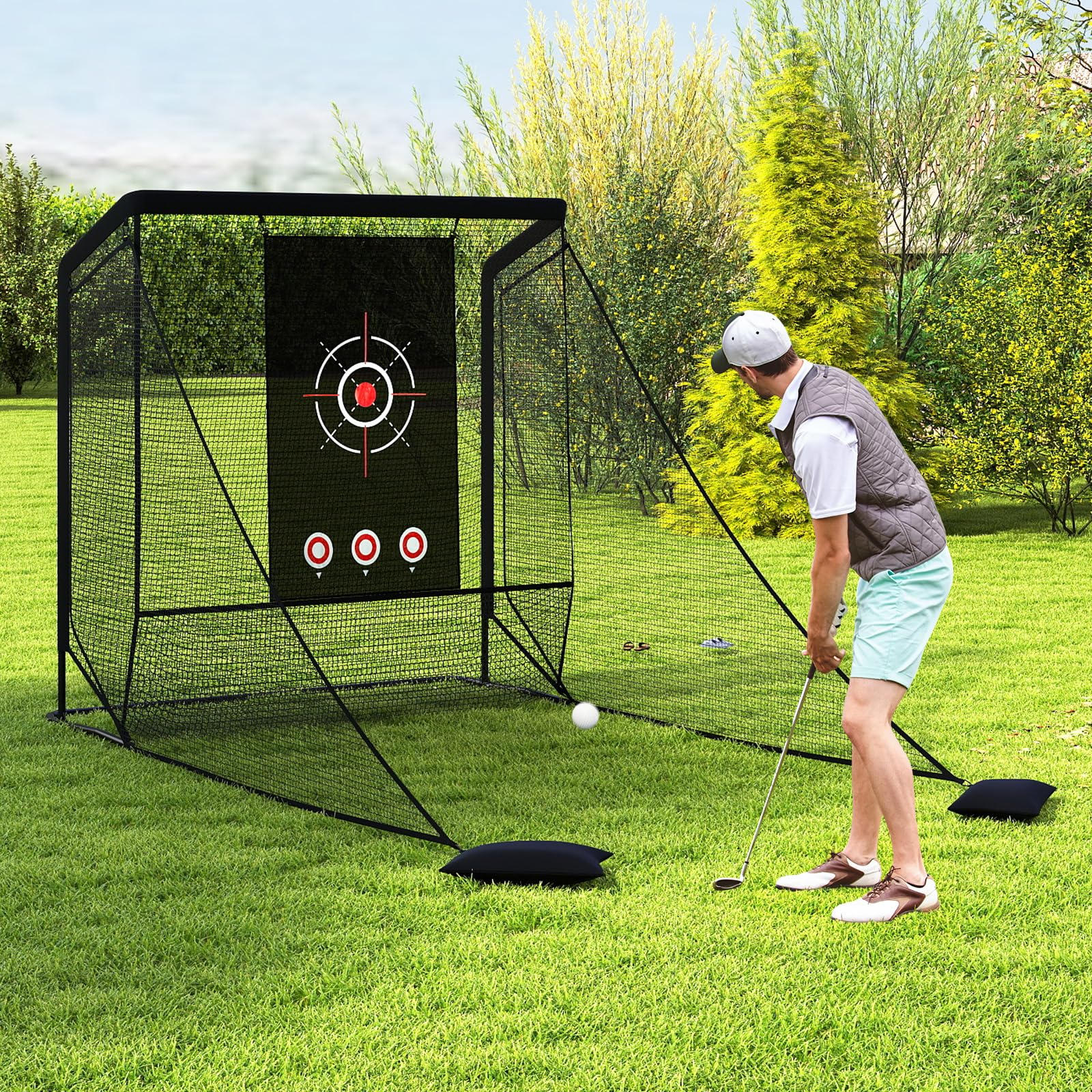 COSTWAY Golf Übungsnetz, Golfnetz mit Faltbarer Seitennetz & Bodennez, Chipping Trainingsnetze inkl. Tragetasche & 2 Sandsäcken, tragbare Trainingshilfe Outdoor für Zuhause, Hinterhof