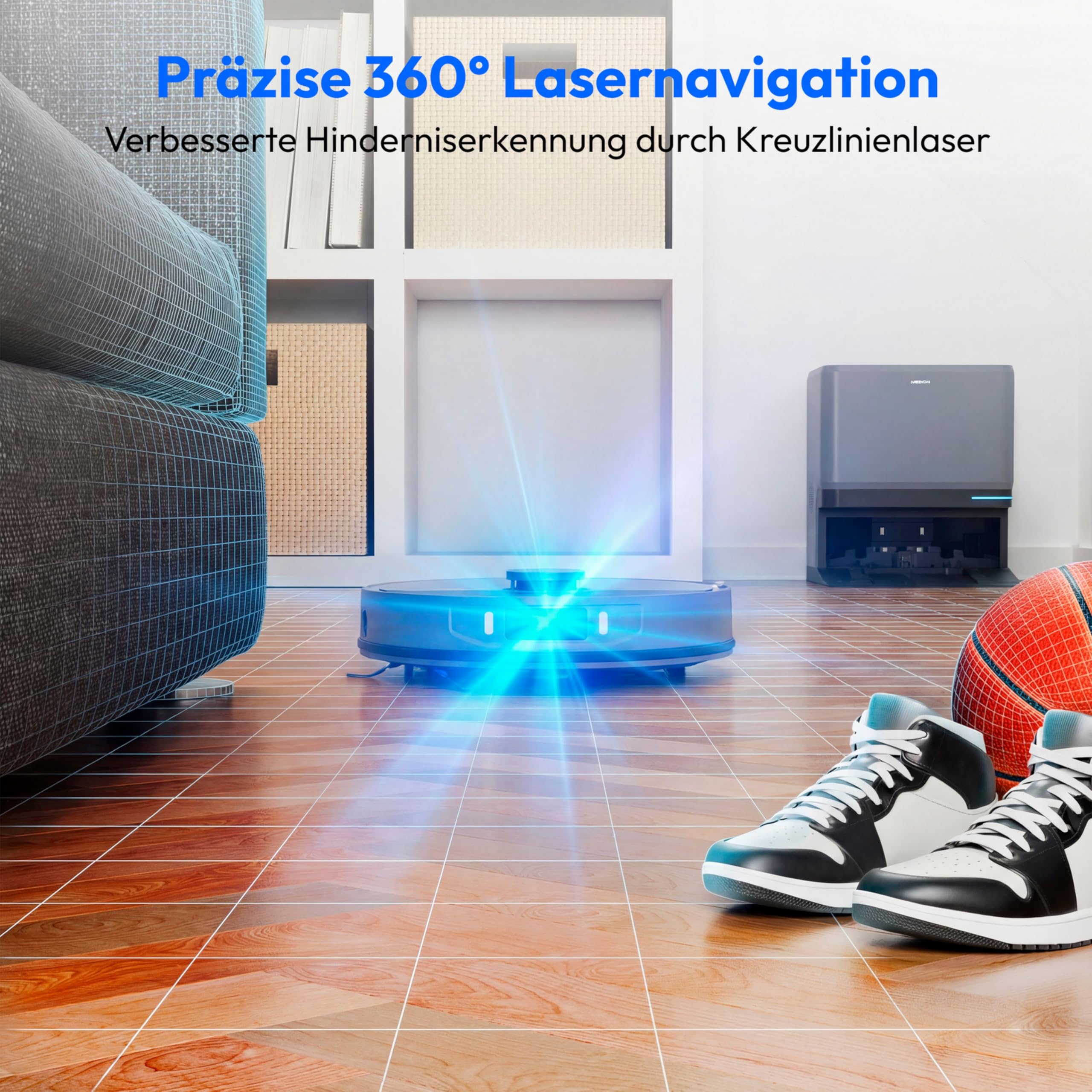 MEDION Saugroboter mit 3-in-1 Absaugstation, Lasernavigation und Wischfunktion X55 SW+ Pro (Starke 10000Pa Saugkraft, 2in1 Roboterstaubsauger, rotierende Wischmopps, Kreuzlinienlaser)