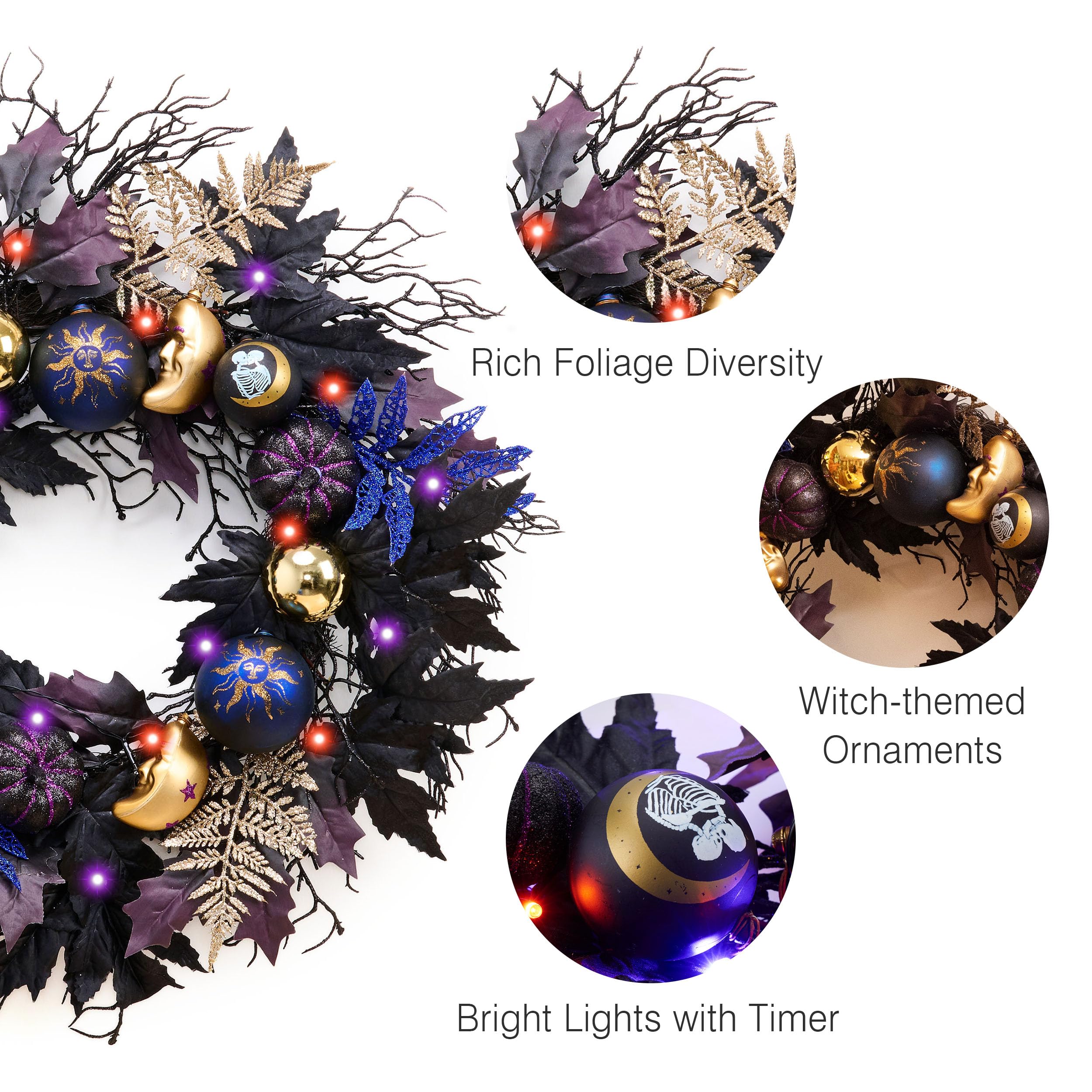 Decorbyhannah - Corona de Navidad plegable, coronas de Navidad para puerta delantera con luces, arrecife artificial para interiores y exteriores, adornos de piña para ventana de mesa (negro y blanco)