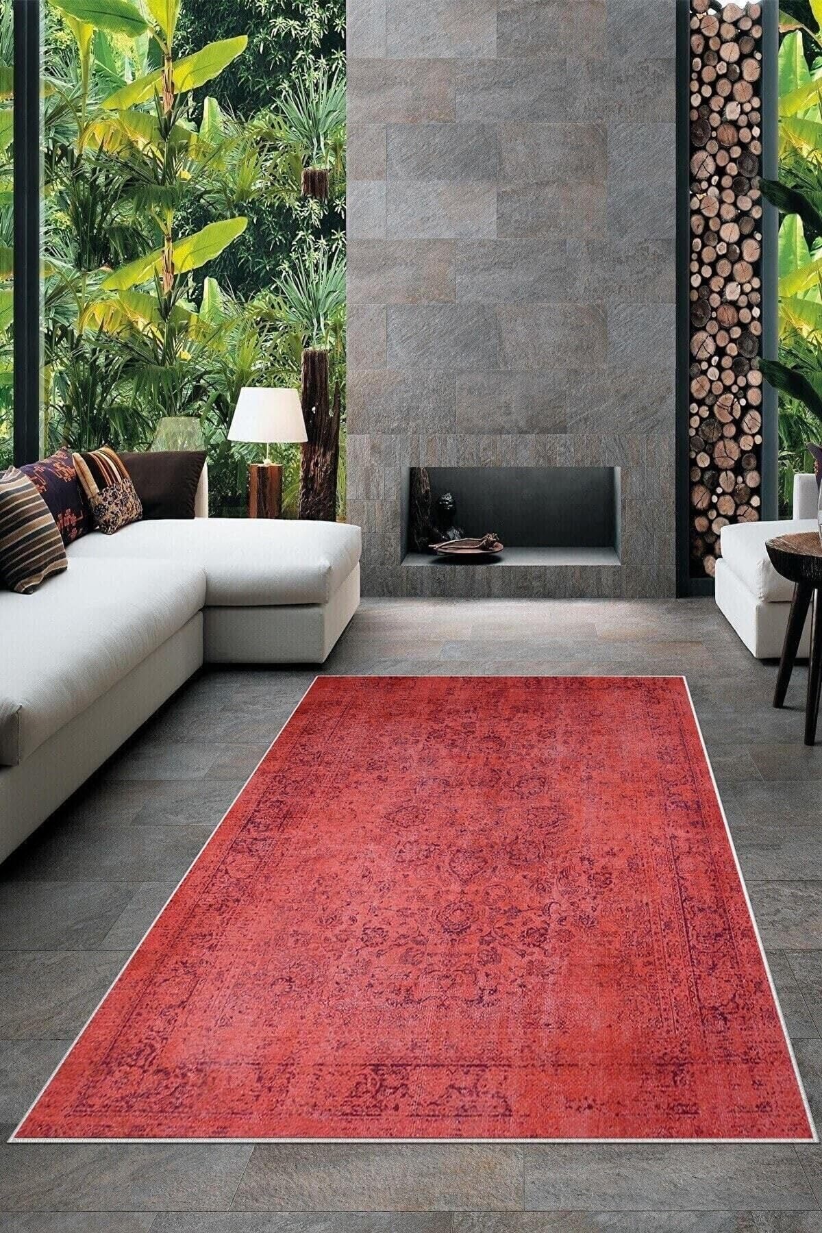 Pelangi Kırmızı Vintage Desenli Yıkanabilir Kaymaz Taban Leke Tutmaz Modern Salon Halısı Ve Yolluk, Kırmızı 80 x 500, 135832880500728