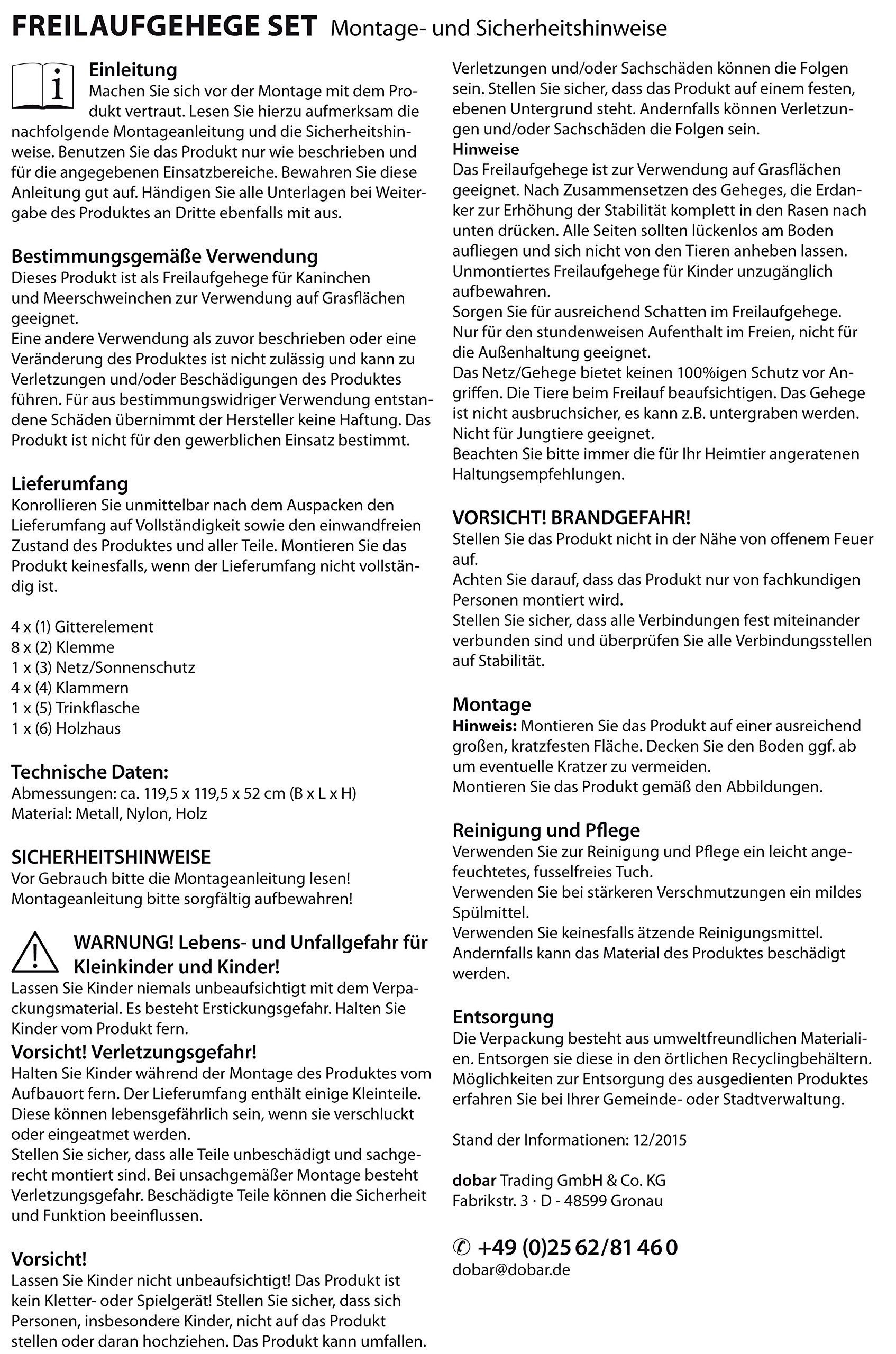 dobar 80607 Großes Kaninchengehege Set, vier eckig - Nylon Netz, Holzhäuschen und Trinkflasche, wetterfestes Hasengehege aus Metall, Außengehege XL, 119.5 x 119.5 x 52 cm, weiß