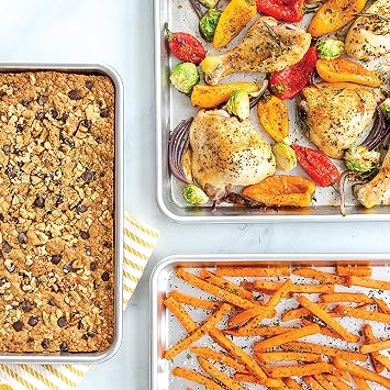 Nordic Ware Naturals 3 Piece Set - USA Made Aluminum Commercial Quality Sheet Pan for Baking or Roasting, Encapsulated Galvanized Steel Rim Prevents Warping; Half Sheet, Jelly Roll and Quarter Sheet