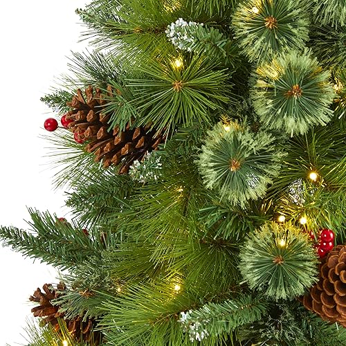 Miniatura 3 de Nearly Natural Montana - Árbol de Navidad artificial de pino mixto con piñas, bayas y 250 luces LED transparentes