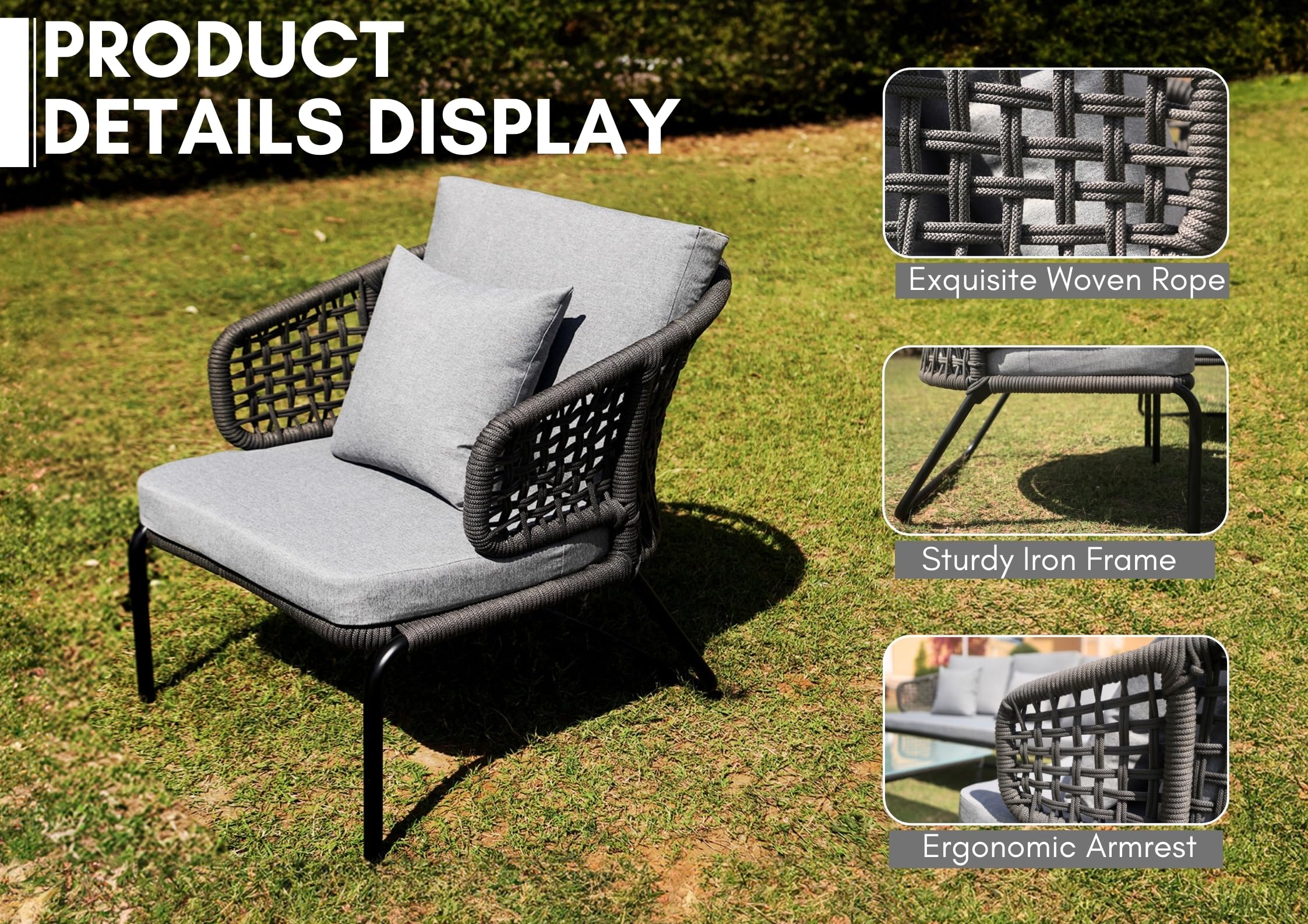 Mymigos Outdoor Patio Furniture Set, Rope Conversation Sofa Set with Glass Coffee Table, for Garden, Backyard,Terrace (Gray and Gray) 3