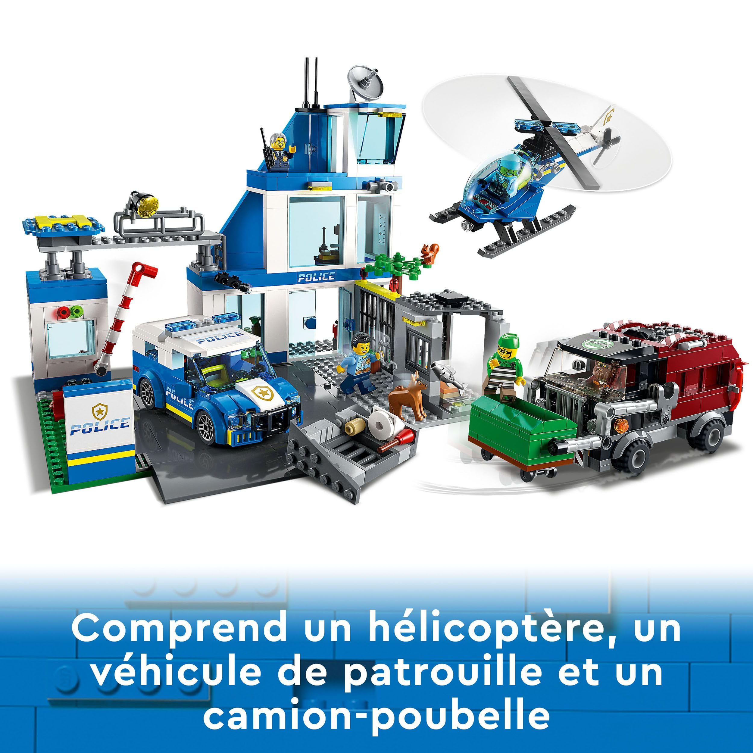 LEGO 60316 City Le Commissariat de Police, Jouet de Voiture, Camion de Poubelle et Hélicoptère, Figurine de Chien, pour Garçons et Filles de 6 Ans
