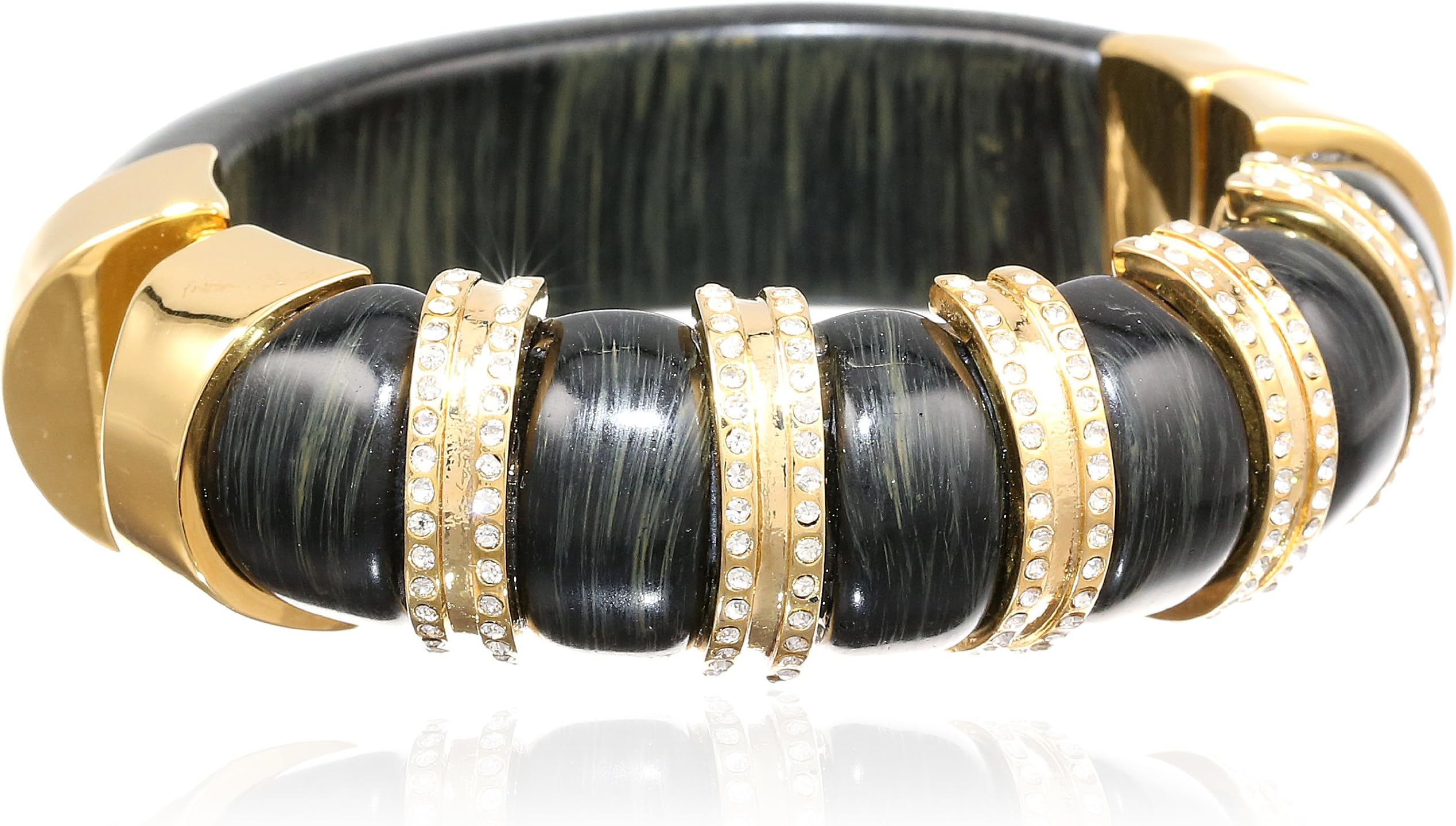 Kara Striped Resin, Ebony Resin and Gold with Crystals Bangle Bracelet, 2.25"