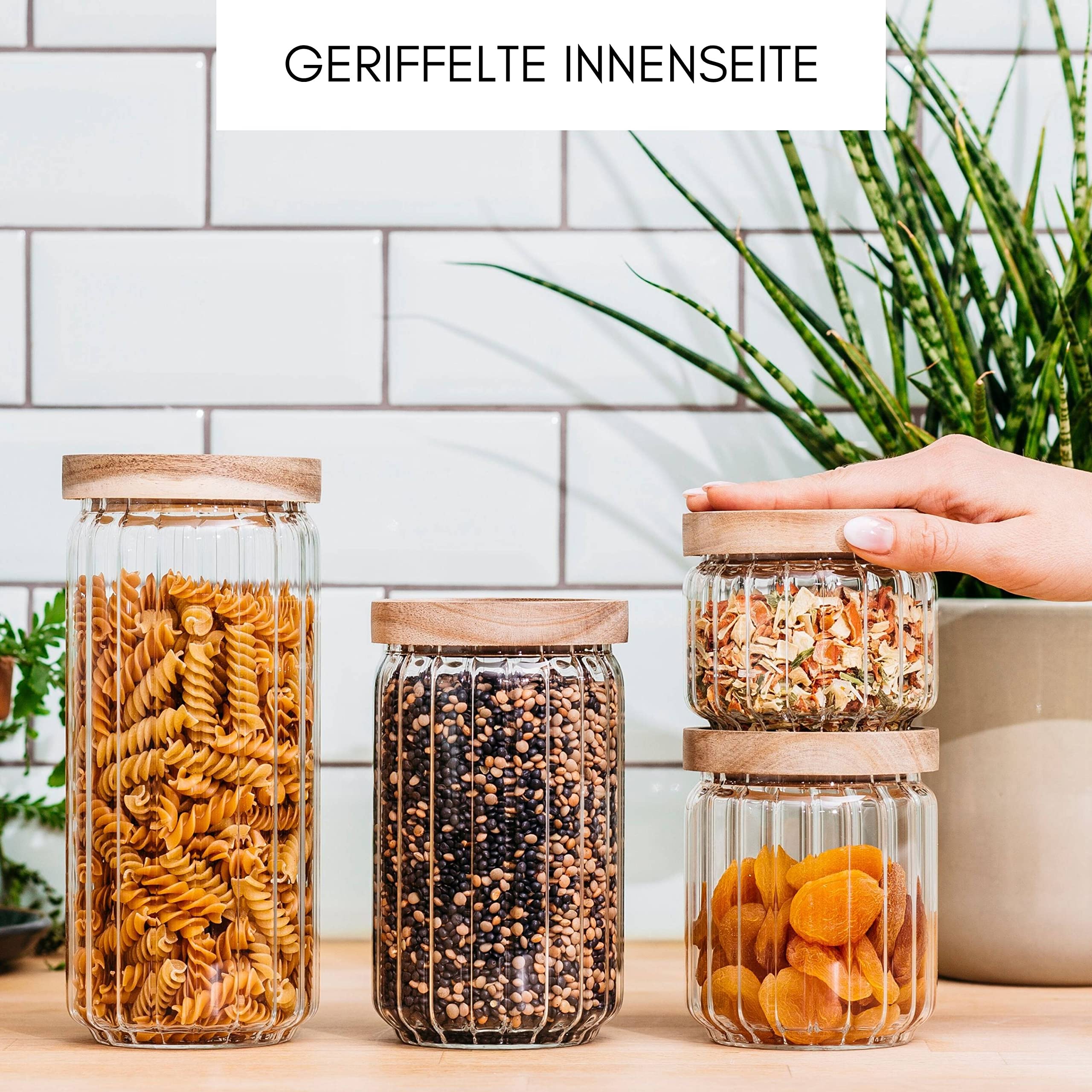 Econovo® Vorratsgläser geriffelt (300ml - 500ml - 700ml -1000ml | 4-tlg.), stapelbar und luftdicht, Vorratsbehälter mit Rillen Set, Vorratsdosen Glas-Behälter für Lebensmittel groß & klein