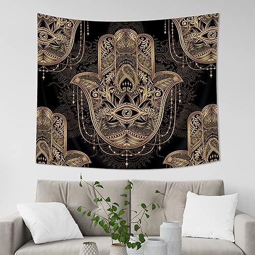 Miniatura 2 de Imirell Hamsa - Tapiz de mano de 51 pulgadas de alto x 59 pulgadas de ancho, mandala espiritual negro dorado mal de ojo, medallón bohemio de buena