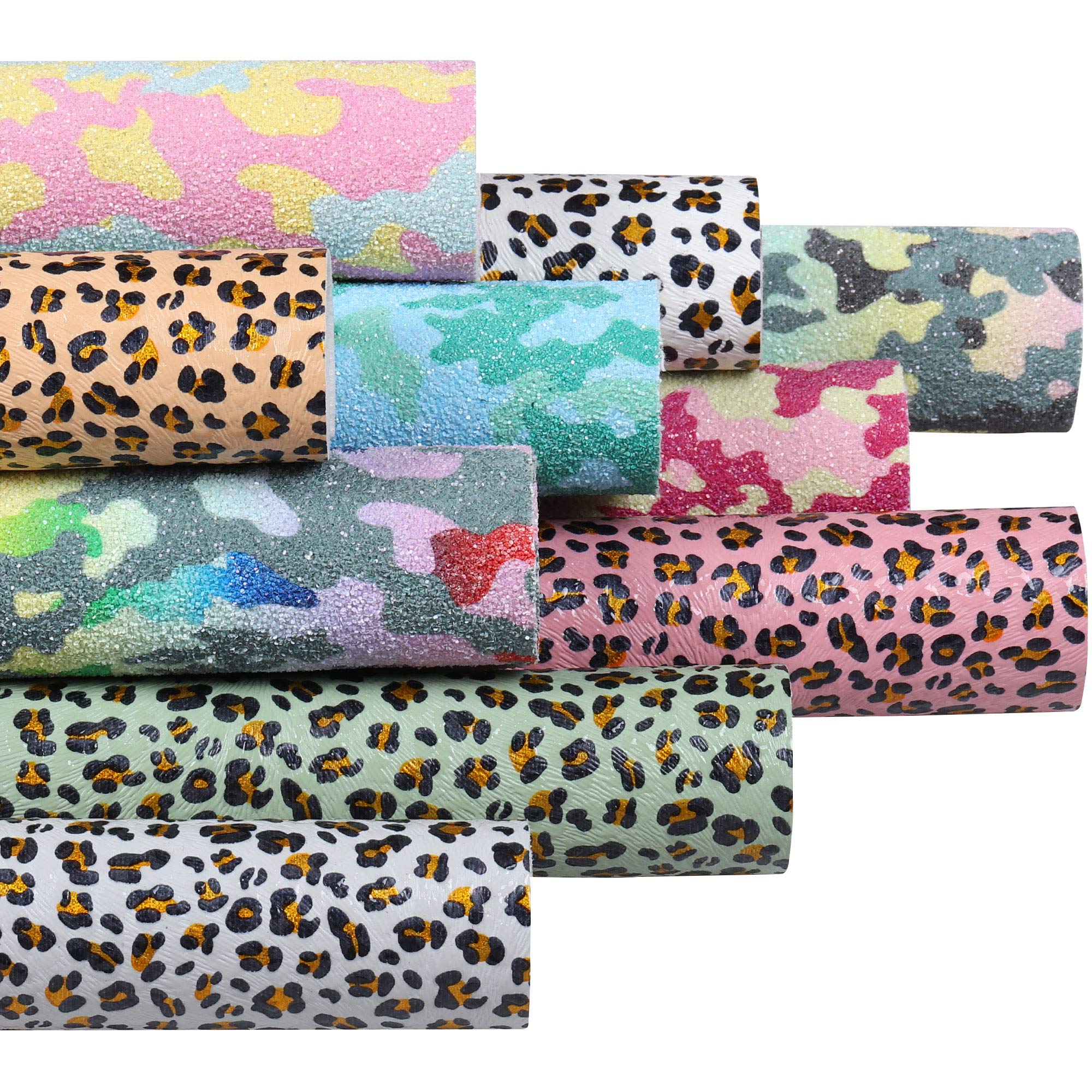 Funcolor 10PCS/set 8x12 inch A4 sheet leopard Pattern Printed glitter camouflage Faux Leather Fabric Synthetic Leather Sheet Assorted Faux leather sheets Bundle for Making Earrings Bows Jewelry Wallet DIY Sewing Craft