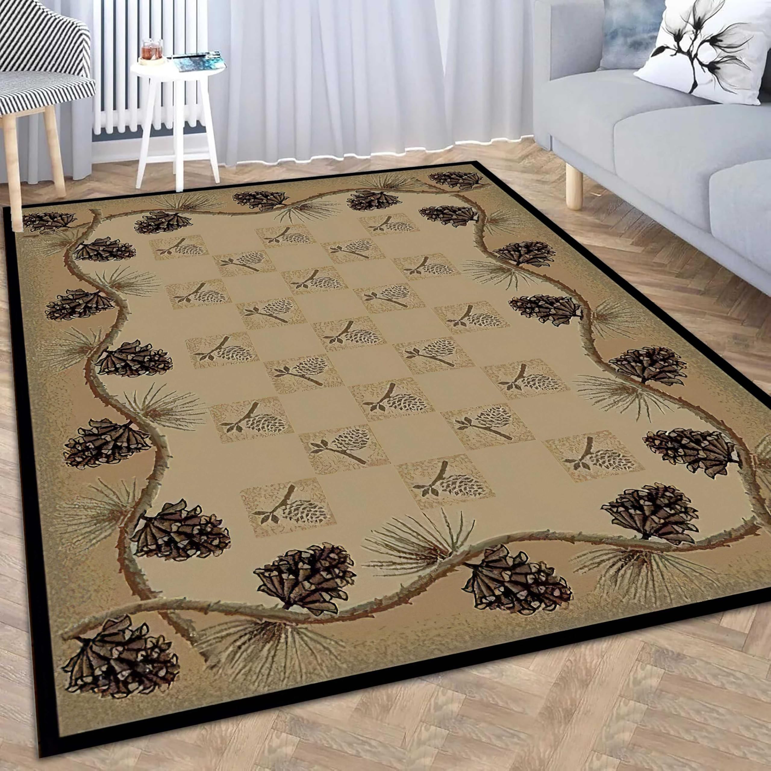 Tapis vintage à carreaux marron et branches de pin 40x110cm d'intérieur