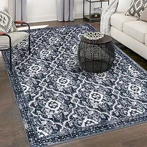 KILOCOCO 5x7 Area Rug, Moroccan Super Soft Washable Living Room Vintage Rug, Non-Slip Large Print Faux Wool Throw Indoor Rug for Entryway Bedroom Office Carpet, Black/Navy Blue White
