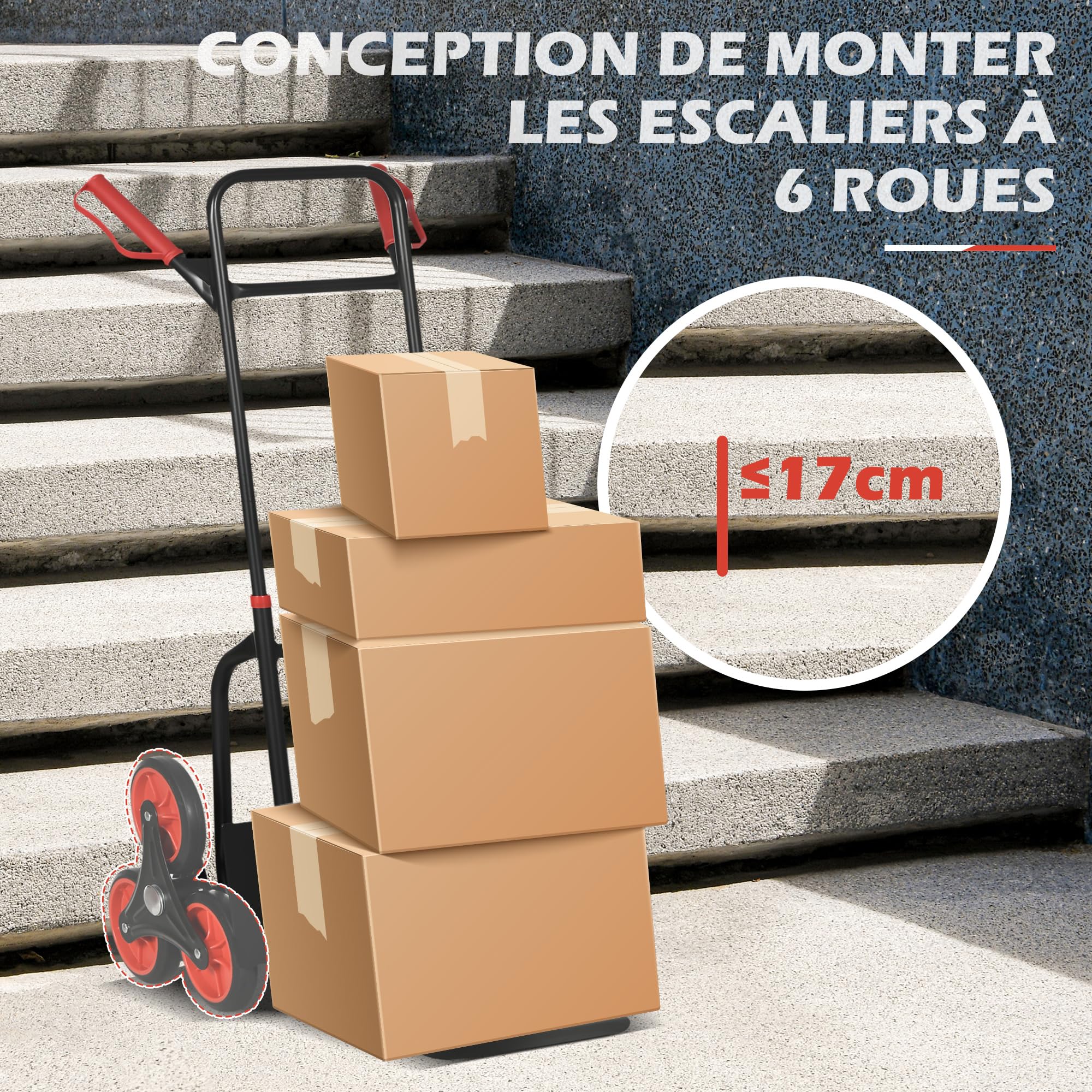 DURHAND Diable d'escalier Pliable 120 kg 6 Roues, Diable demenagement Robuste en Acier avec Cordes télescopiques, Chariot de Transport pour entrepôt, aéroport, Objets volumineux & Lourds, Rouge