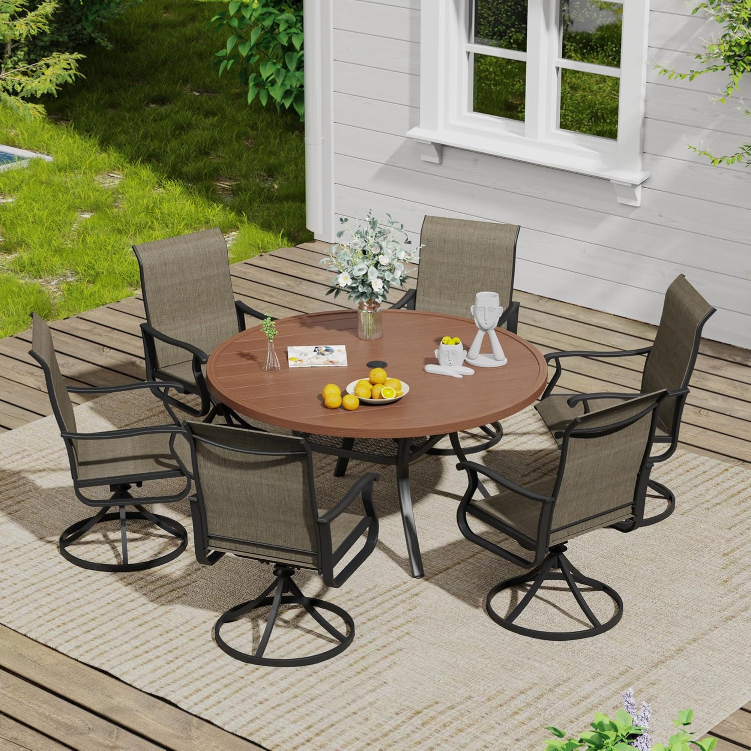 VICLLAX Patio Round Dining Table, 47"x 47" Outdoor Metal Slatted Round Tabletop with Adjustable Umbrella Hole for Lawn Garden Yard, Walnut