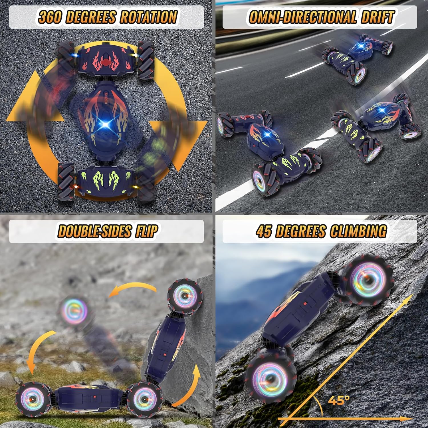Collage of the RC Stunt Car performing various stunts like 360-degree rotation, omni-directional drift, double-sided flip, and 45-degree climbing.