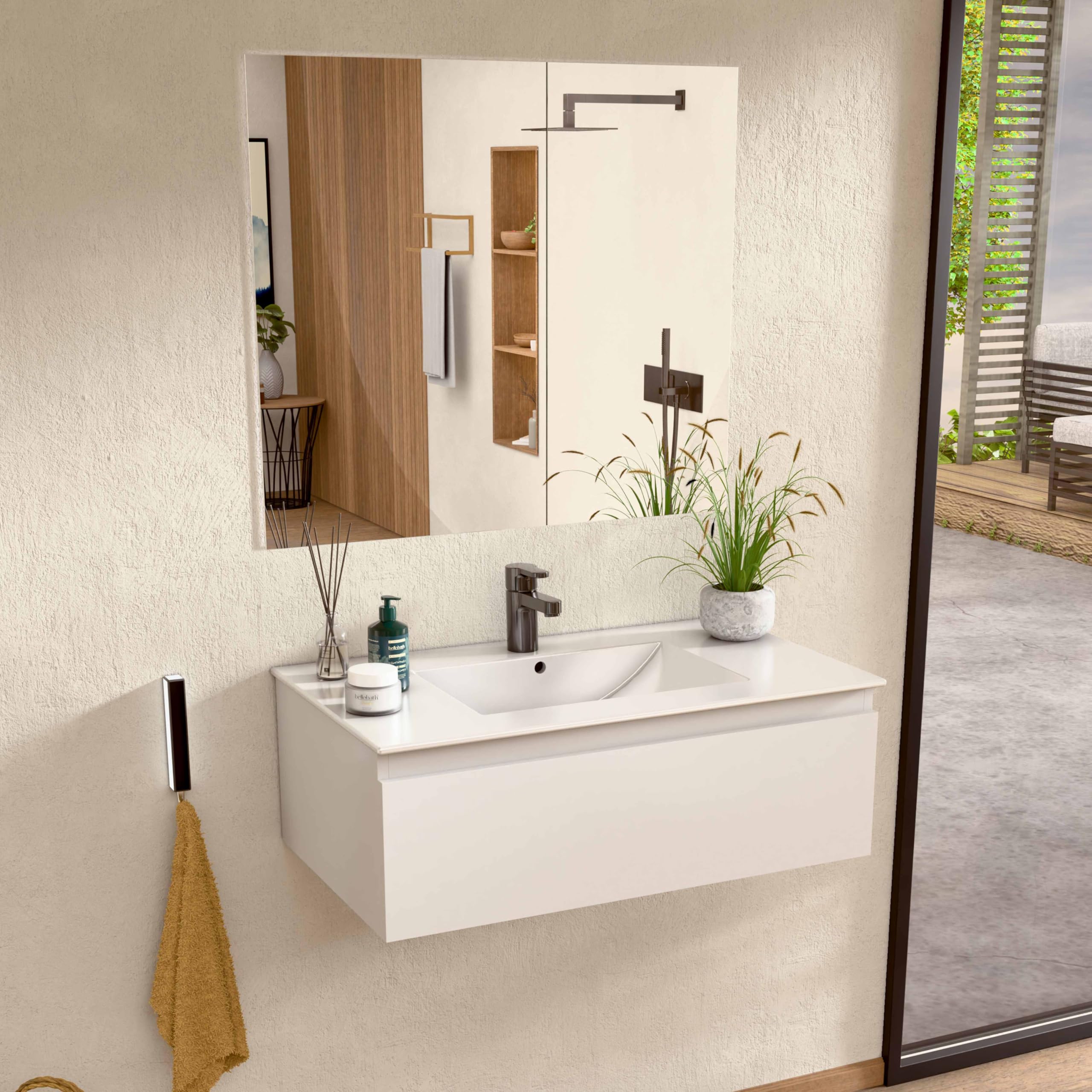BELLOBATH Mueble Baño Suspendido 80 cm Blanco, Encimera y Espejo