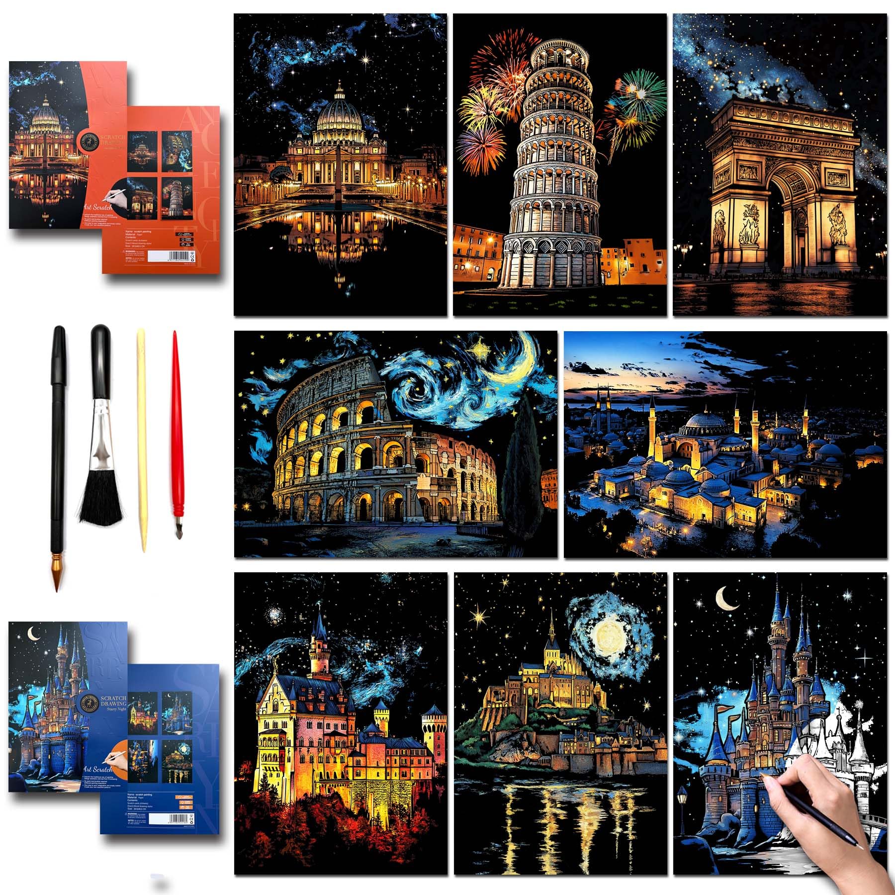SiYear Scratch Art Painting Paper Set for Adults & Kids,Landmark Building City Series Night Scene,Scratchboard Creative Gift DIY Foil Engraving Crafts with 4 Tools (Europe Series-A3-8Pack)