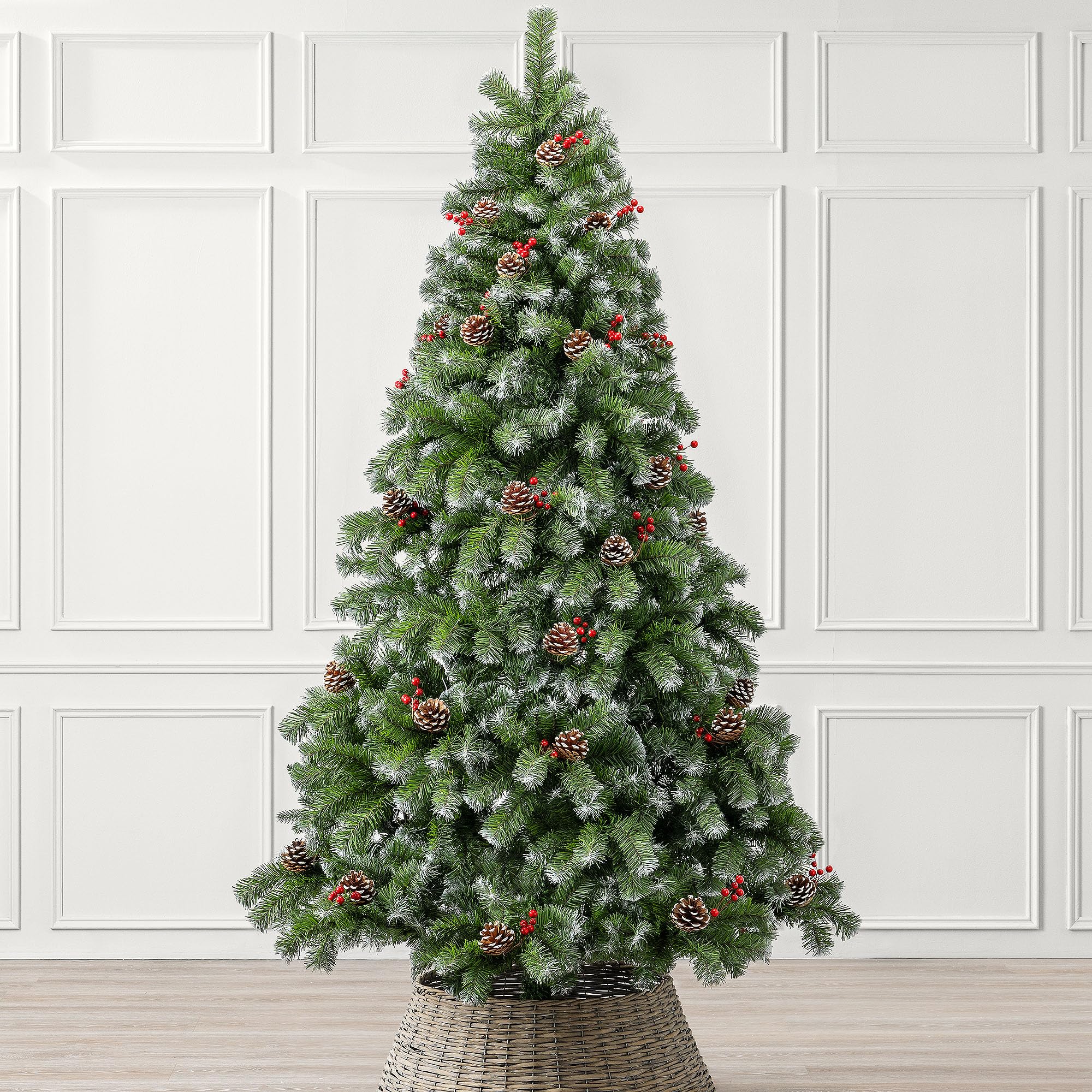 Christow 7Ft - Snowy Cones & Berries 7Ft Artificial Christmas Tree With Snow Pine Cones & Berries, Luxury Natural Looking Flocked Woodland Spruce, Indoor Xmas Decoration, Easy Assembly With Stand, 901 Tips (Skirt Not Included)