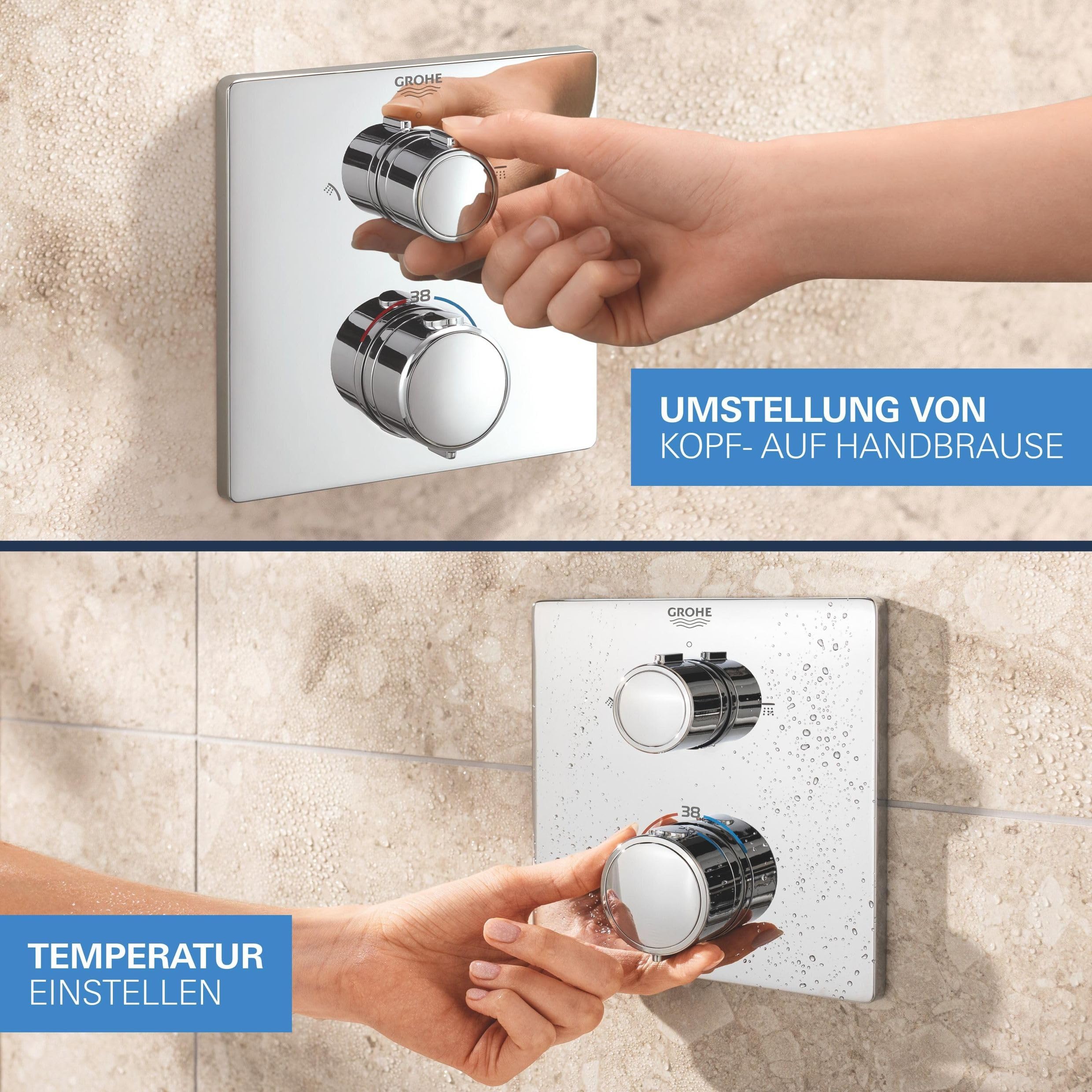 GROHE Precision 250, Unterputz Duschsystem (25cm Regendusche mit Thermostat, Kopfbrause 1 Strahlart, Duschkopf 2 Strahlarten, Komplettset, 1,50m Duschschlauch), eckig, chrom, 34882000