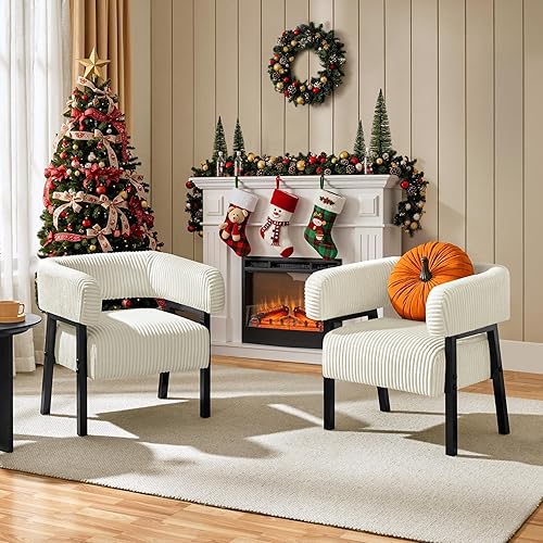 Yaheetech Juego de 2 sillas de pana con diseño de barril, sillón tapizado moderno con patas de madera maciza, acogedora silla de ocio con asiento en disponible en Yaxa Colombia