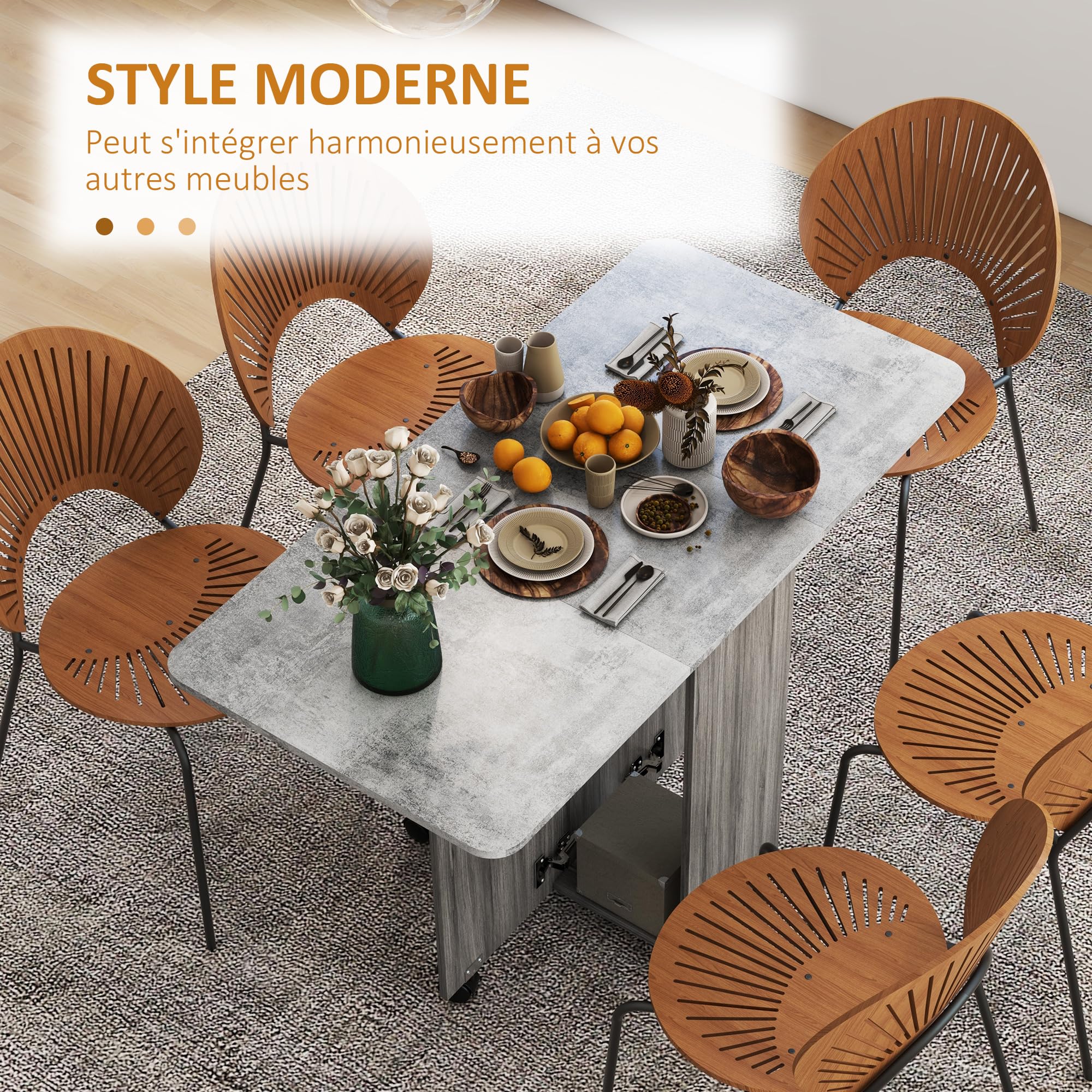 HOMCOM Table de Cuisine Pliable Table à Manger Pliante 2 Plateaux rabattables avec 2 tiroirs 1 Placard et 1 étagère de Rangement 120 x 60 x 76,5 cm - Gris