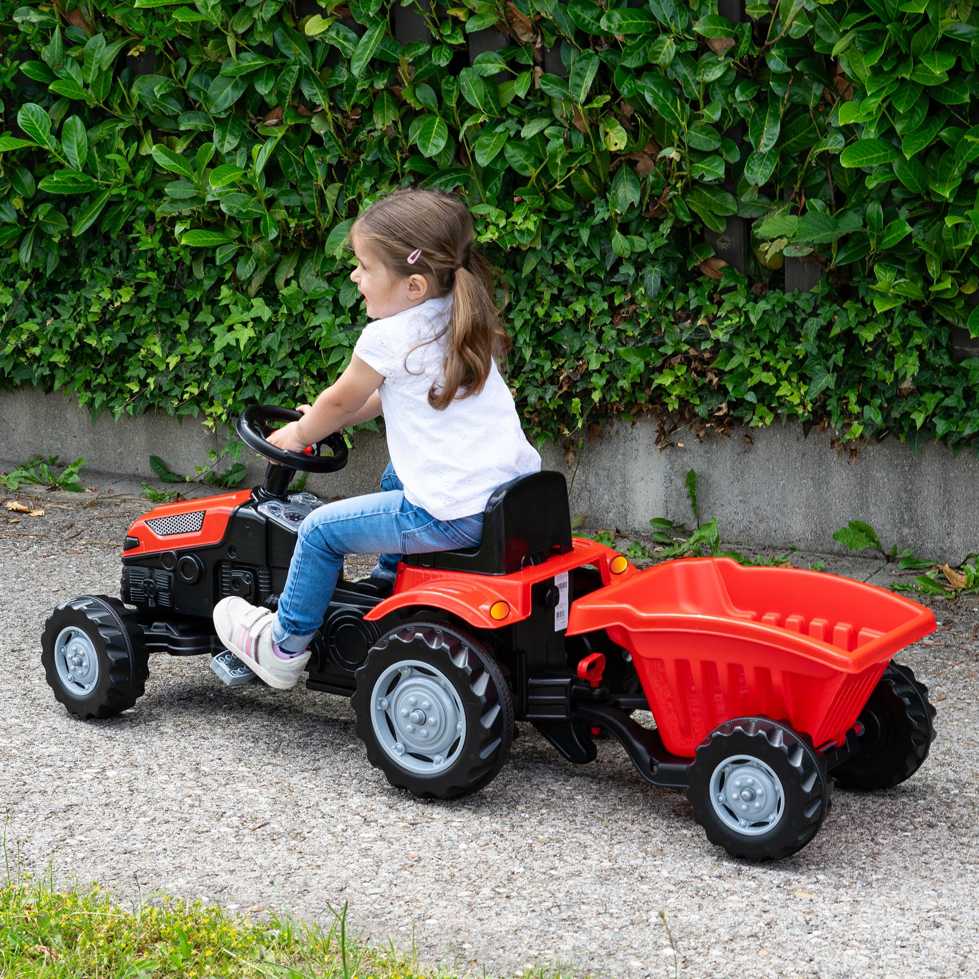 Lemodo Trettraktor rot ab 3 Jahre, Kindertraktor mit Anhänger, Verstellbarer Sitz, Kettenantrieb, Hupe, Traktor zum Draufsitzen für Garten & Hof, Kinderfahrzeug (rot mit Anhänger)