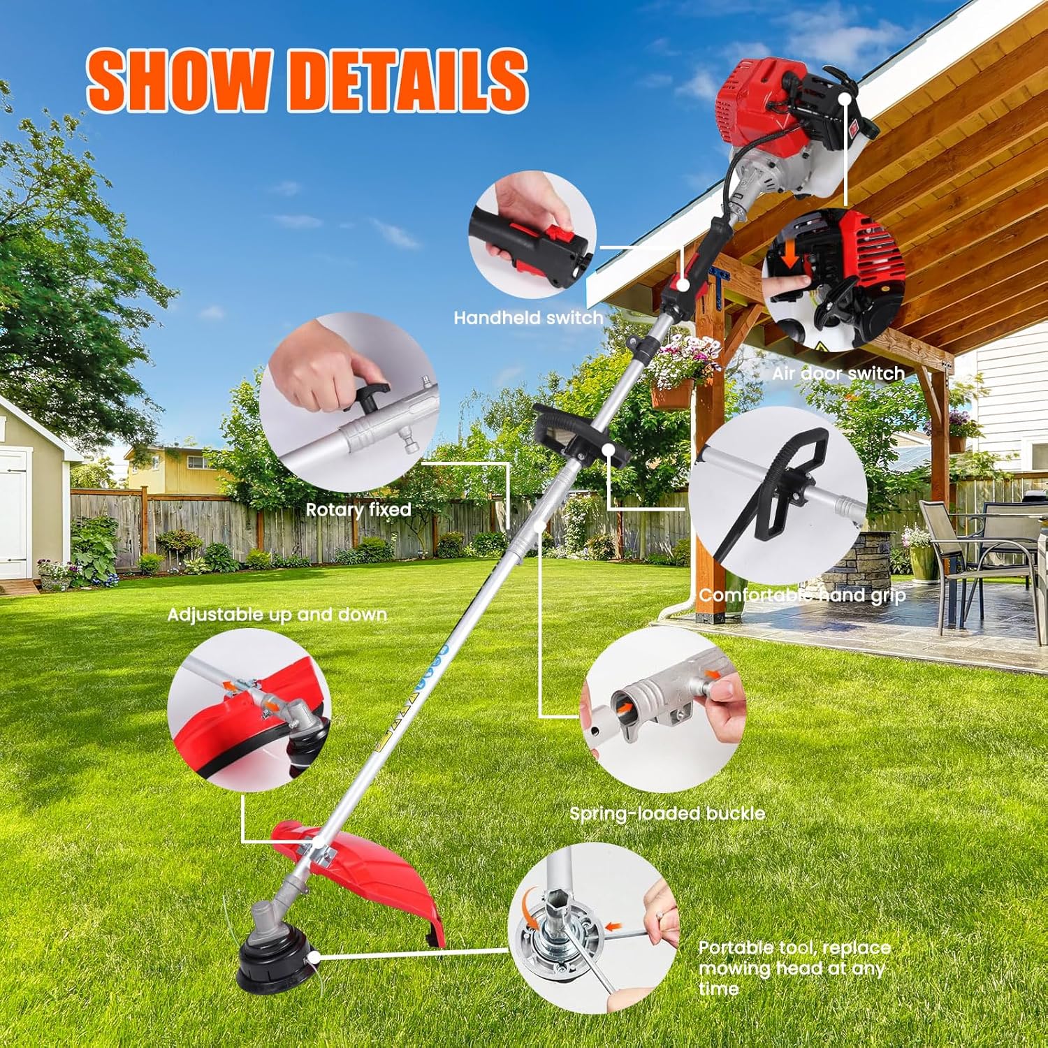 Gas String Trimmer Hedge Trimmer,52cc 2 Stroke Gas Powered Weed Eater, 5 in 1 Garden Petrol Hedge Trimmer Weed Wacker Chainsaw Brush Cutter Pruner Pole Saw with Extension Pole for Garden