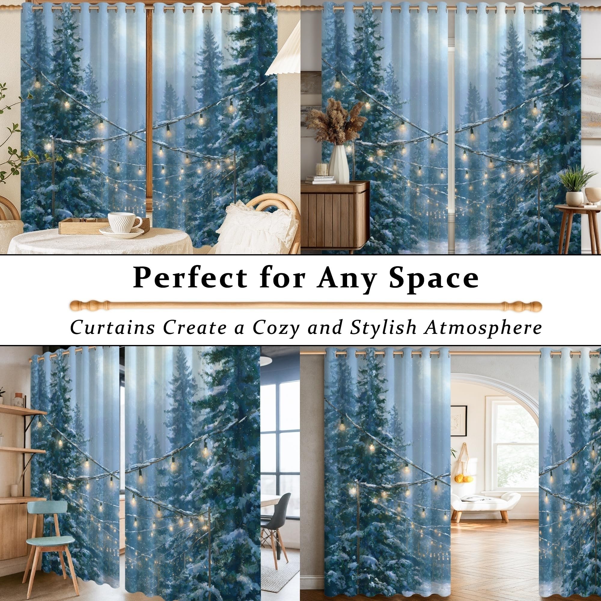 Verdunkelungsvorhänge, Kiefernbäume, rustikale Lichterkette, Schnee, Winter, blau, maschinenwaschbar, Fenstervorhang für Schlafzimmer, Kinderzimmer, Dekoration, 132 x 244 cm
